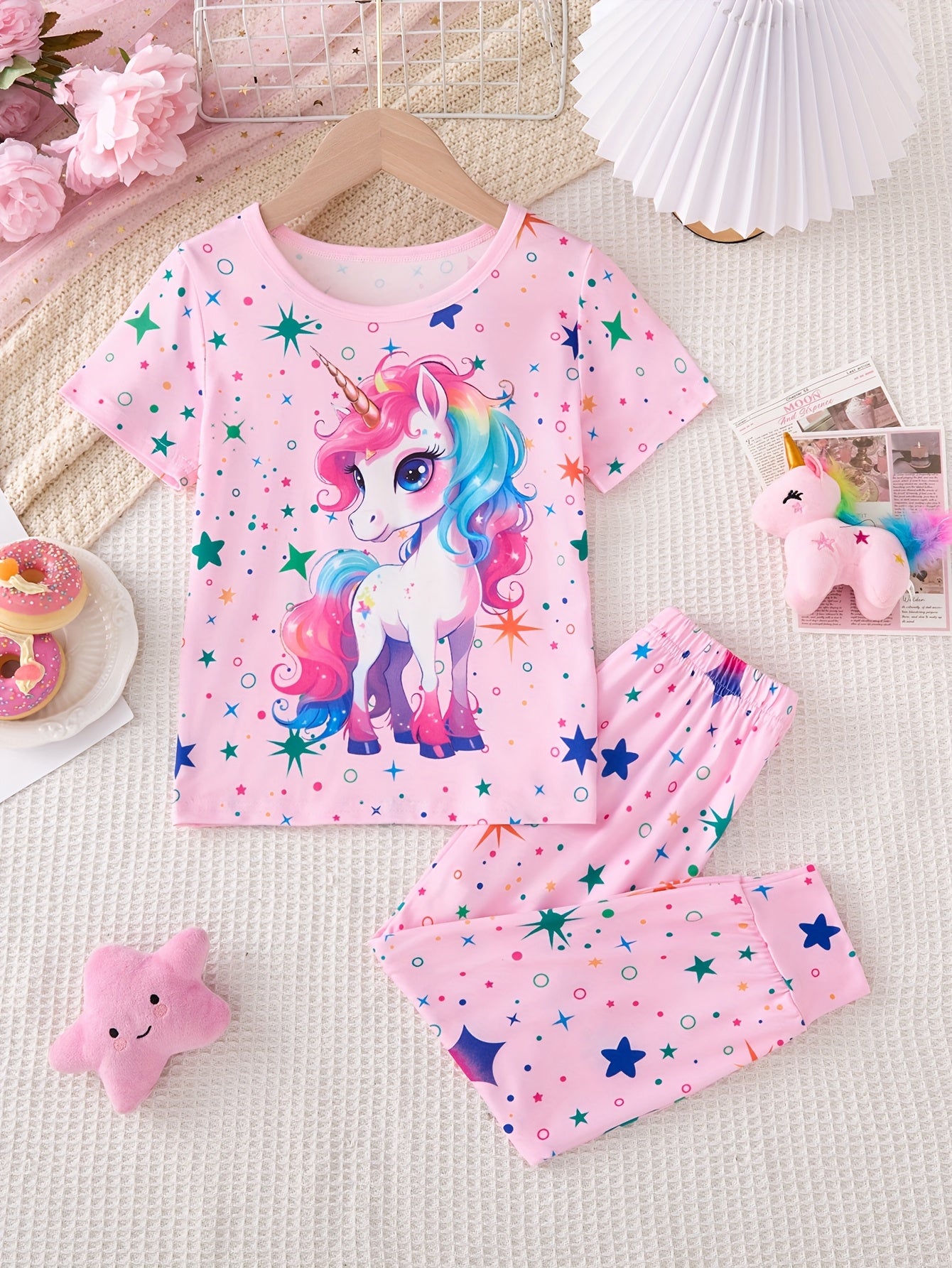 ' Spring/Autumn/Summer 2pcs Set: Glow-in-the-Dark Unicorn Pattern Round Neck Pullover T-Shirt + Glow-in-the-Dark Starry Sky Print Elastic Waist Tie-Leg Pants Cute Style Long Pants Outfit, Everyday Outfit, 's Play Clothes, Playful Fashion, Glow In The Dark