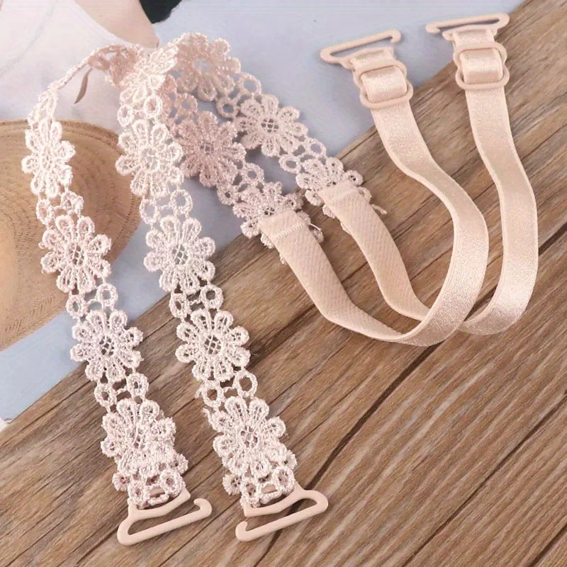 A Pair of Hollow Lace Floral Bras with Invisible Shoulder Straps, Suitable for Women, Featuring Lace Cross-Back And Halter Design.