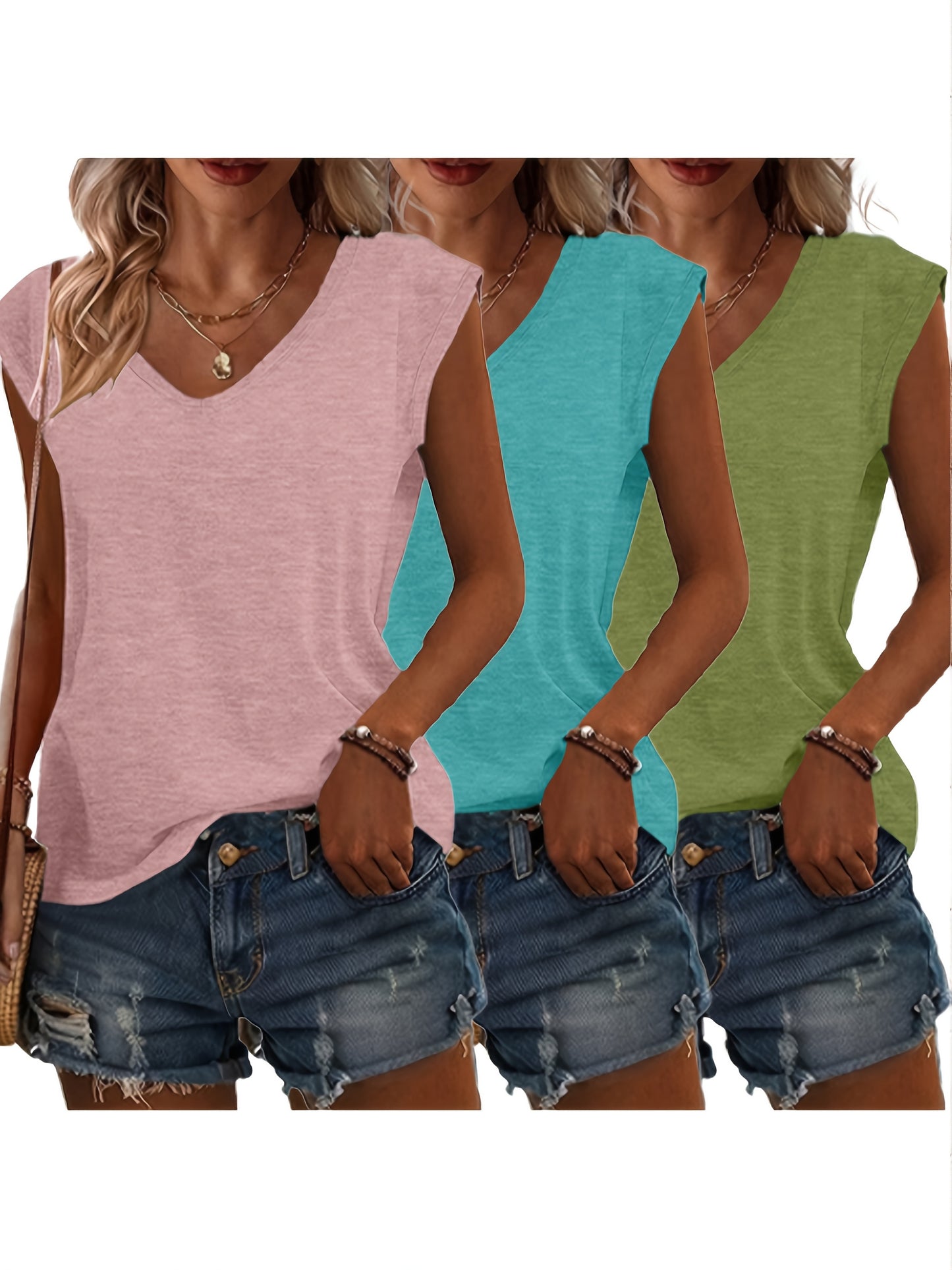 3pcs Spring/Summer New Solid Color No-Print V Neck Loose Casual Tops, Comfortable Fashion Machine Wash - Suitable for Daily and Home Use