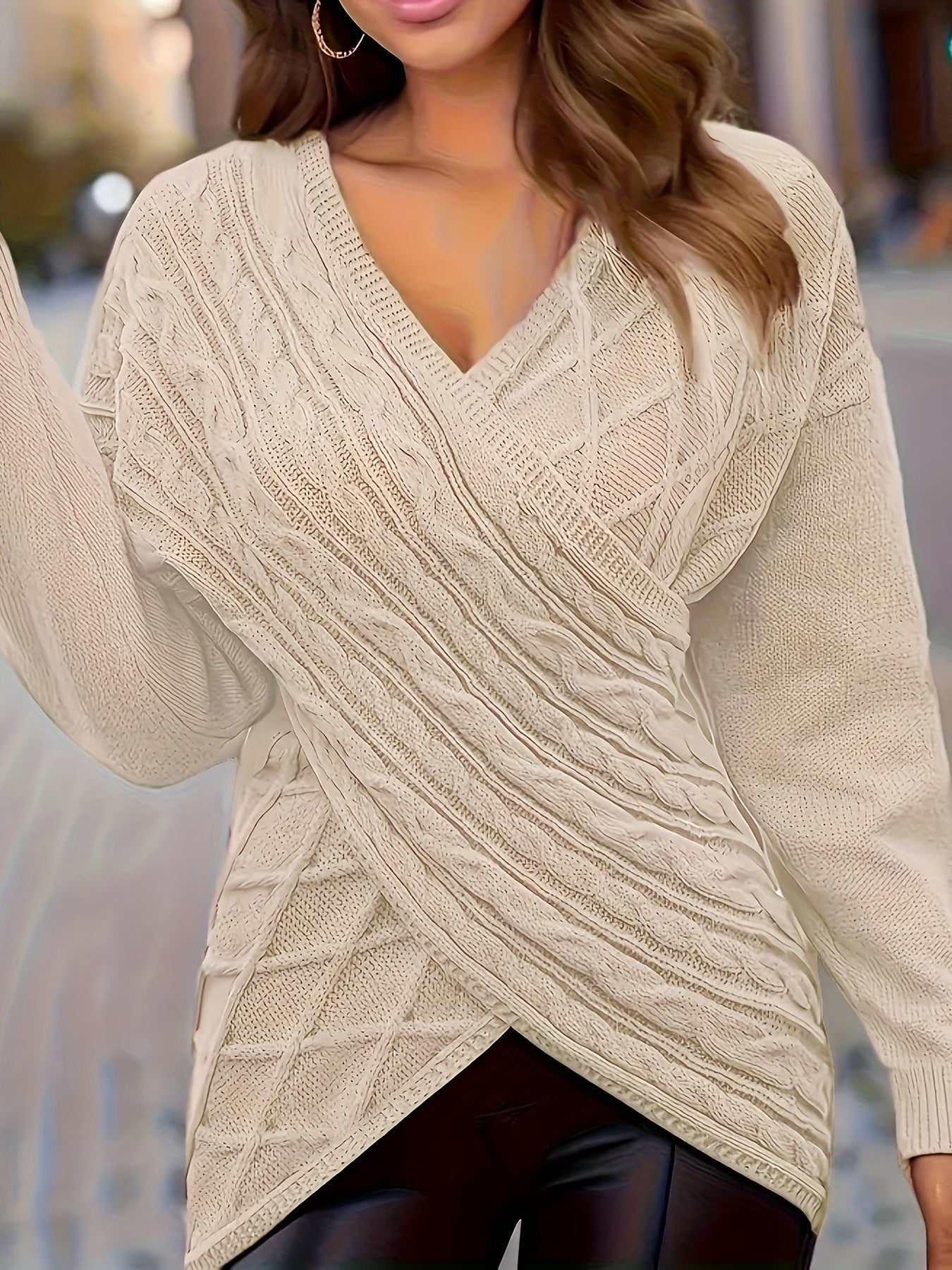 Plus Size Elegant Sweater, Women's Plus Solid Cable Drop Shoulder Long Sleeve Wrap Cross V Neck Jumper