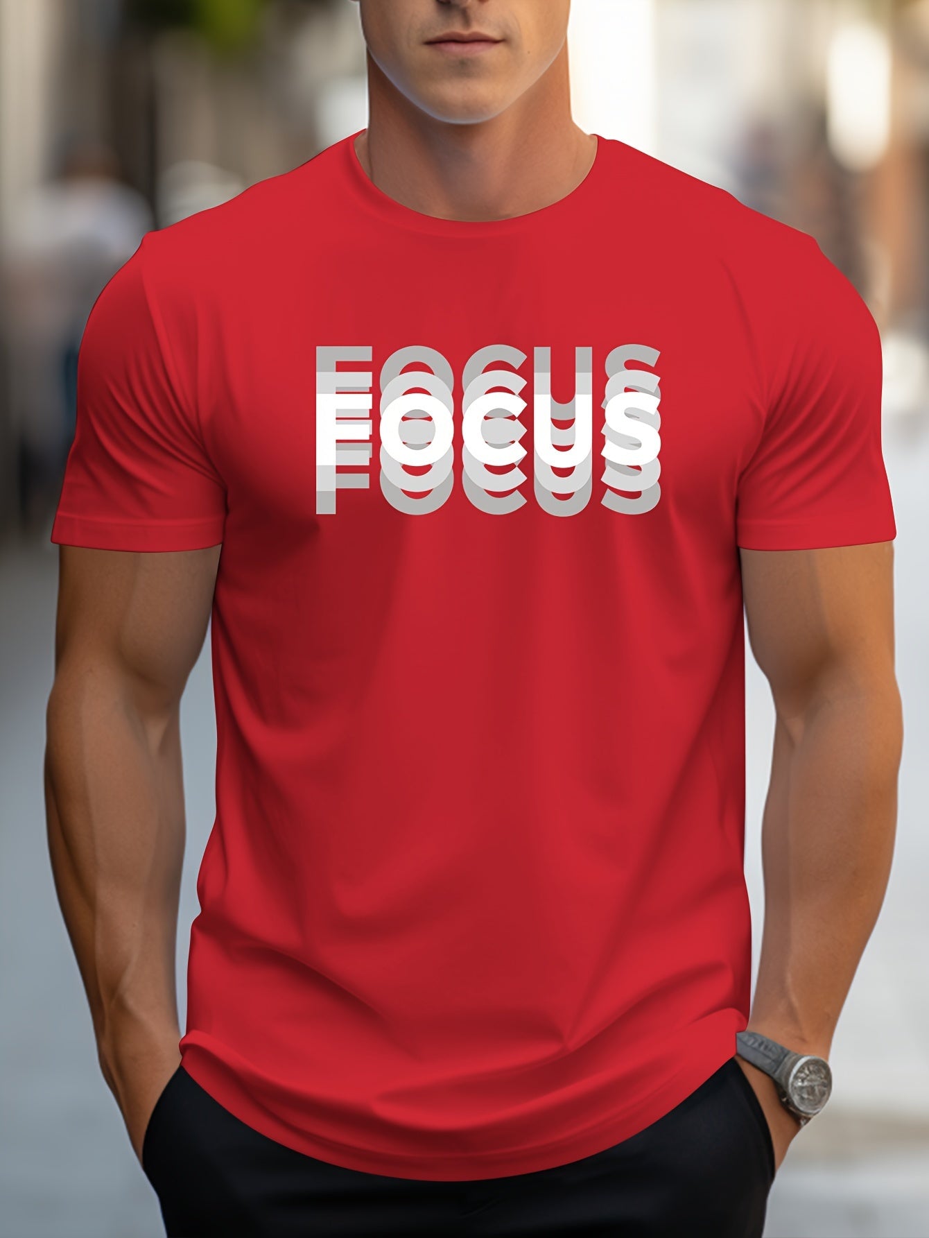 Unisex Trendy Letter Print Crew Neck T-Shirt, A Must-Have for Style Enthusiasts! Gradient FOCUS Design, Ultra Stylish & Streetwear-Inspired! Minimalist yet Versatile!