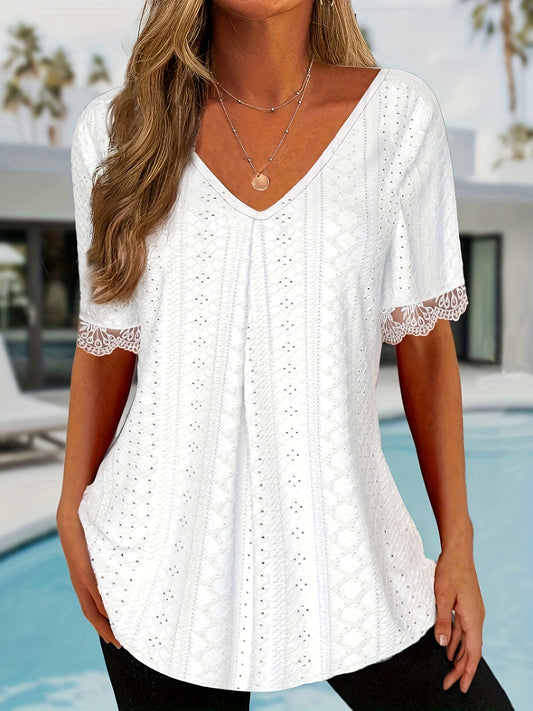Plus Size Women's Elegant V-Neck Lace Sleeve Blouse - Textured Breathable Fabric, Semi-Sheer Comfort, Machine Washable Spring Summer Top for Casual & Formal Wear, Lace Blouse