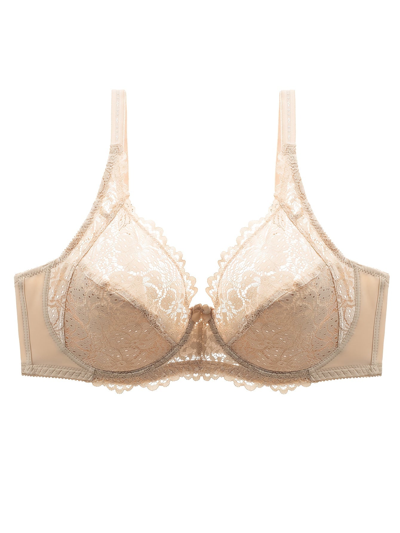 Plus Size Sexy Bra, Women's Plus Solid Contrast Lace Floral Trim Medium Stretch Comfort Bra