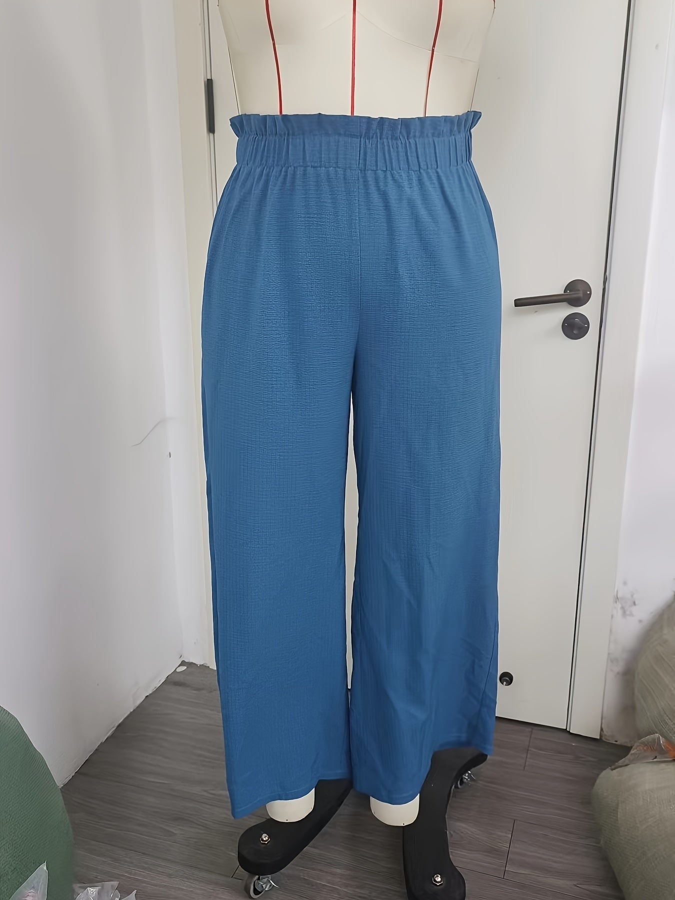 Plus Size Casual Pants, Women's Plus Plain High Rise Elastic Medium Stretch Wide Leg Pants