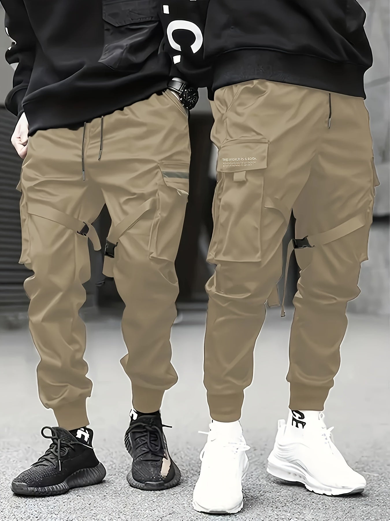 Trendy Solid Cargo Pants, Men's Multi Flap Pocket Trousers, Loose Casual Outdoor Pants, Men's Work Pants Outdoors techwear Hip Hop Style