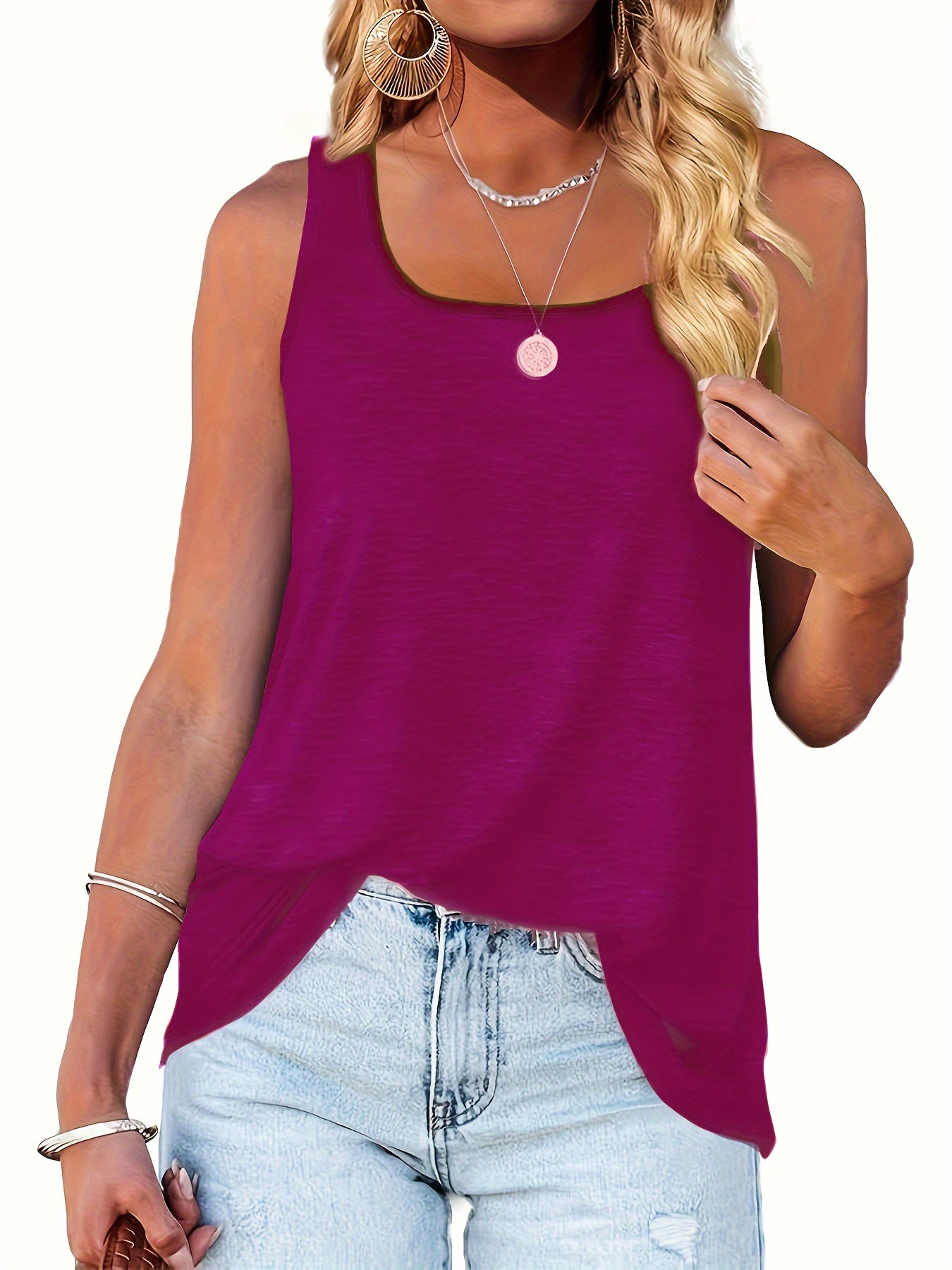 Plus Size Basic Tank Top, Women's Plus Solid Square Neck High Stretch Summer Tank Top