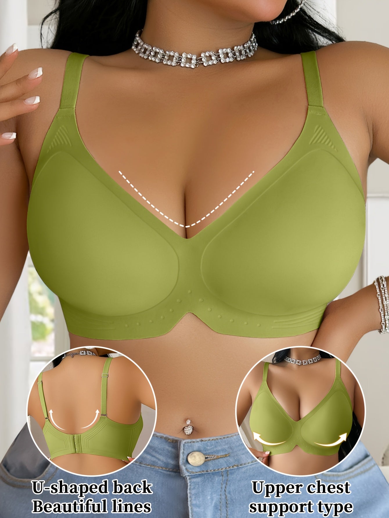 Women'S Plus Size V-Neck Seamless Jelly Strip Bra - Soft, Supportive, and Wireless with Removable Pads, Breathable and Comfortable for Everyday Wear, Everyday Bra|Snug Fit Bra|Comfortable Wear Bra, Plus Size Bra