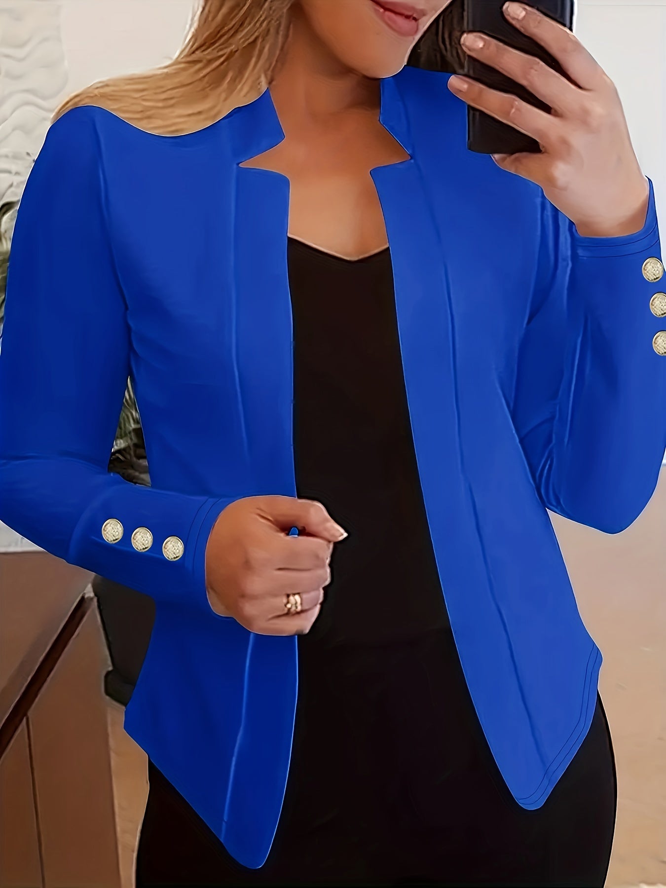Solid Open Front Blazer, Casual Long Sleeve Button Blazer For Office & Work, Women's Clothing