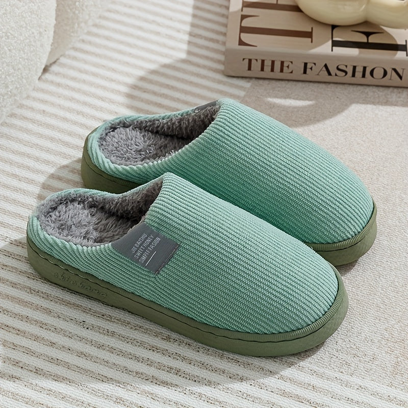 Unisex Winter Warm Slip-On Slippers with Non-Slip Rubber Sole - Plush Fabric Indoor House Shoes for Home, Multi-Color Options (Beige, Blue, Yellow, Green, Grey, Pink), Cute Slippers, Plush Exterior, Soft Texture Footwear