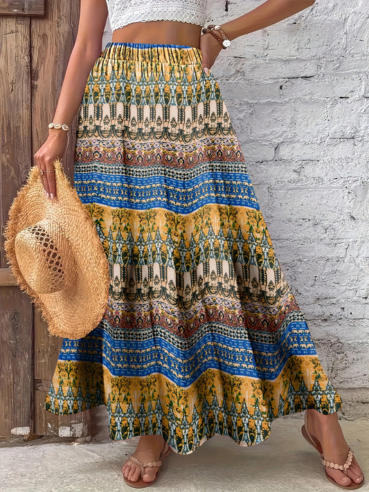 Women's Bohemian Tropical Print High-Waisted Maxi Skirt - Tiered Ruffled Hem Beach Skirt with Digital Geometric Patterns, Machine Washable Non-Stretch Fabric for Summer Casual & Beachwear, Beach Dresses, Summer Fashion, Nontransparent Fabric