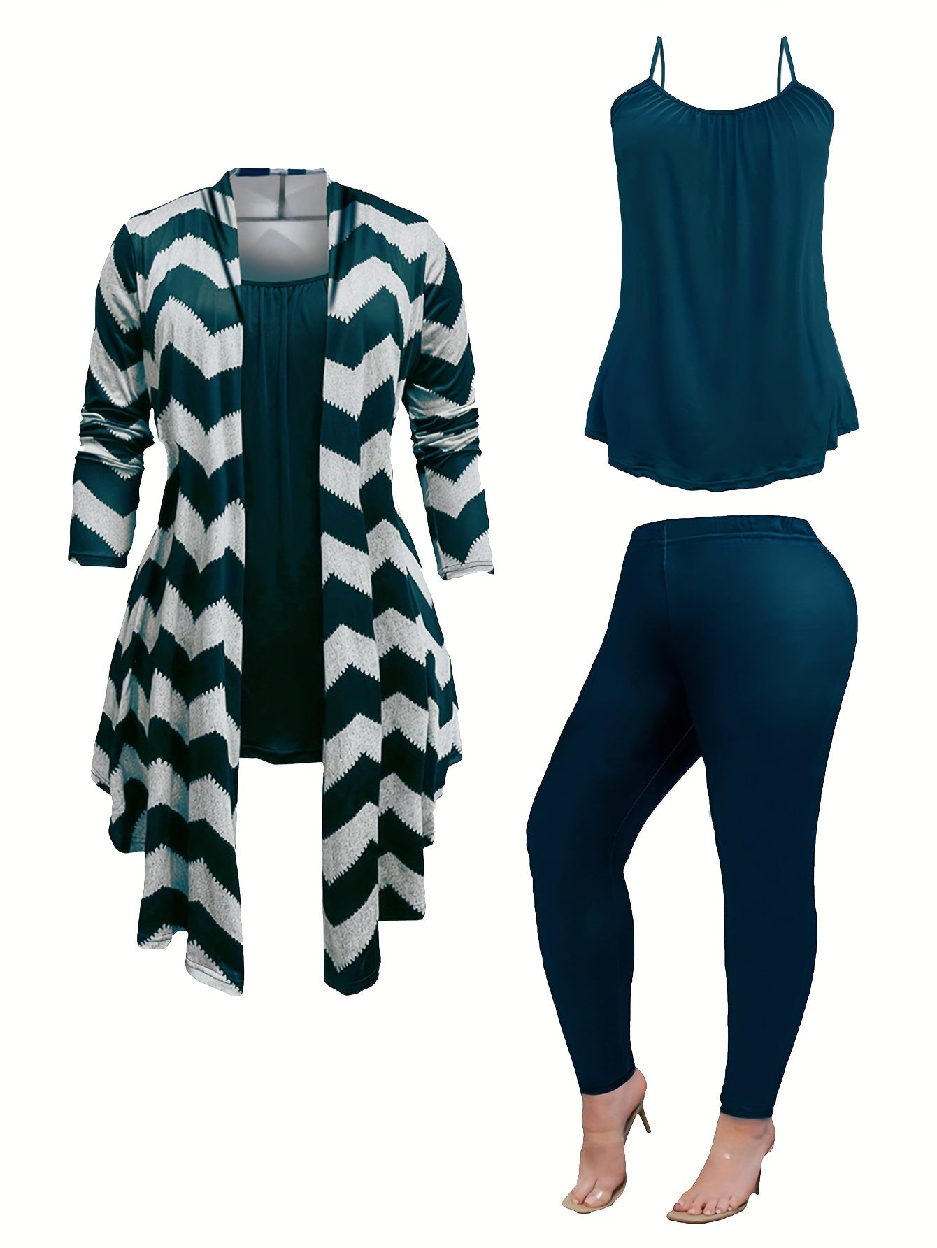 Plus Size Casual Outfits Set, Women's Plus Wave Trim Long Sleeve Shawl Collar Coat & Cami Top & Leggings Outfits Three Piece Set