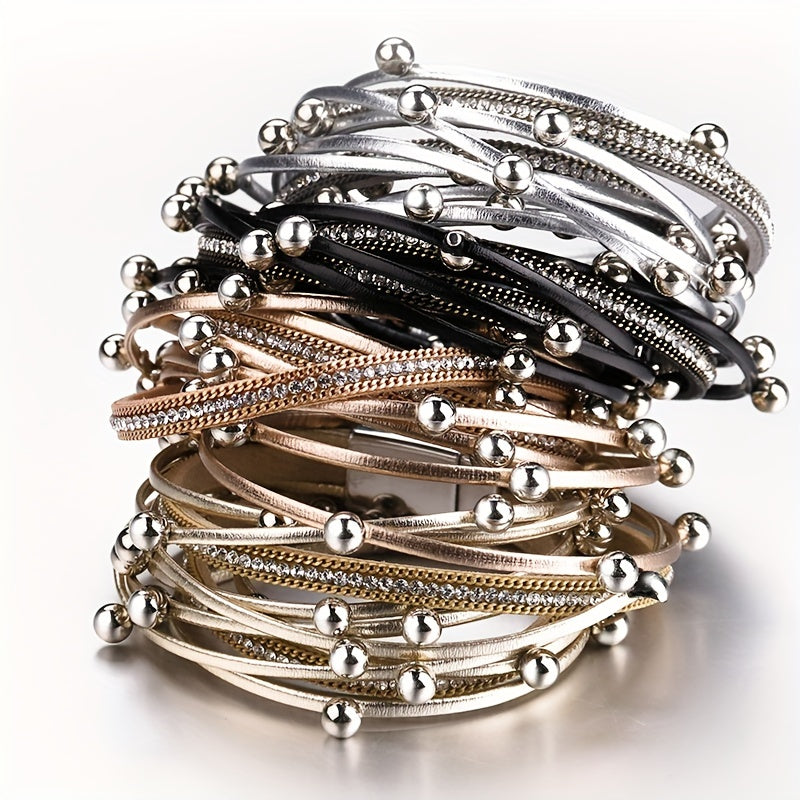 1pc Multi-Layered Faux Leather Bracelet - Black Layered Chain Design with Rhinestones Accents, Double Wrap Long Bracelet for Women & Men, Everyday & Party Jewelry Gift for Anniversary, Birthday, Valentine's - Unisex cuff for Couples, Couple Bracelets, Ver