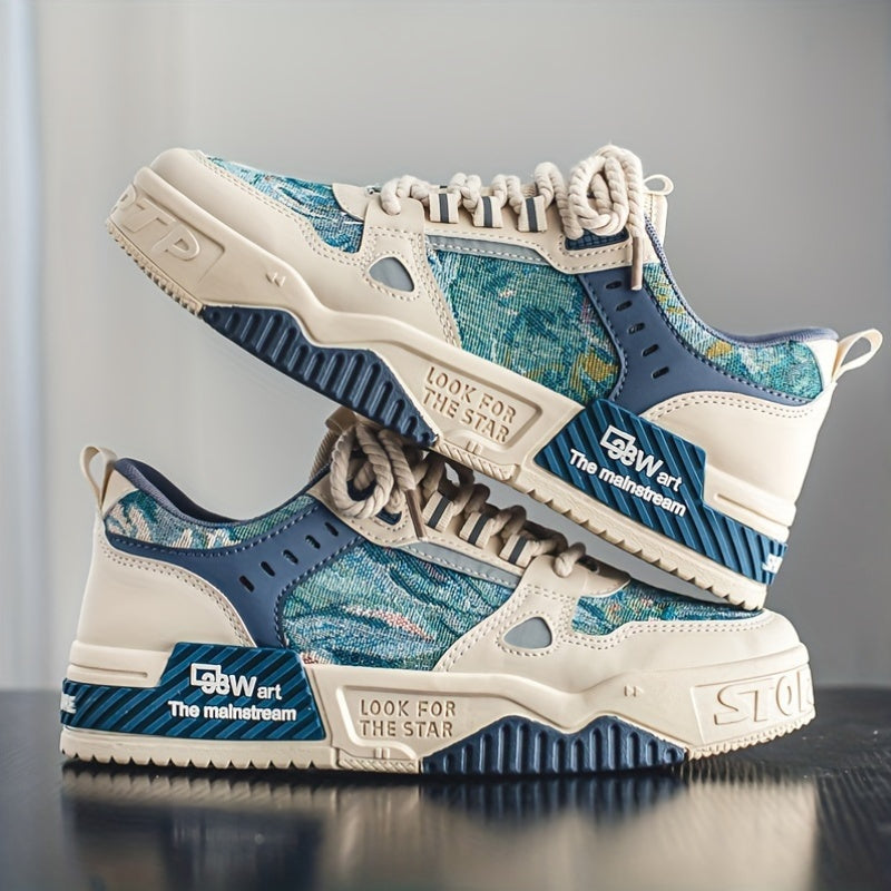 Men'S Fashion Sneakers, Street Style Graphic Low Top Shoes, Breathable Casual Sports Footwear, Non-Slip Lace-Up Trainers, All-Season Daily Wear, Faux Upper, Fabric Inner, PVC Sole, Round Toe Design