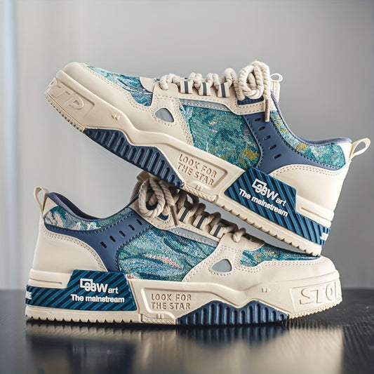 Men'S Fashion Sneakers, Street Style Graphic Low Top Shoes, Breathable Casual Sports Footwear, Non-Slip Lace-Up Trainers, All-Season Daily Wear, Faux Upper, Fabric Inner, PVC Sole, Round Toe Design