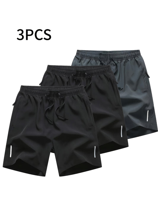 3pcs Men'S Summer Sports Shorts - Breathable Quick-Dry Fabric, Drawstring Waist with Zipper Pockets, Lightweight & Comfortable for Running, Hiking, Outdoor Activities - Black, Navy Blue, Dark Gray - Perfect Gift for Active Men, Hiking Apparel, Casual Styl