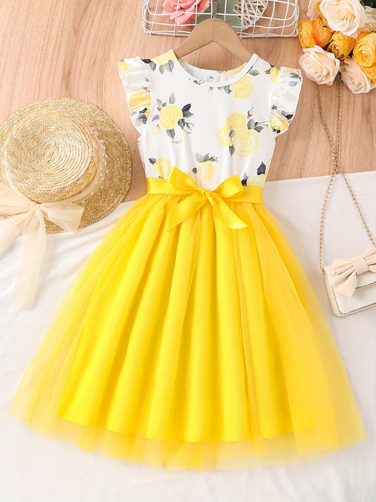 [1pc Floral Print Girl'S Dress] 1pc Elegant Floral Print Polyester Dress for Girls, Summer Sleeveless Regular Fit with Bow Detail, Children'S Casual Spaghetti Strap Skirt