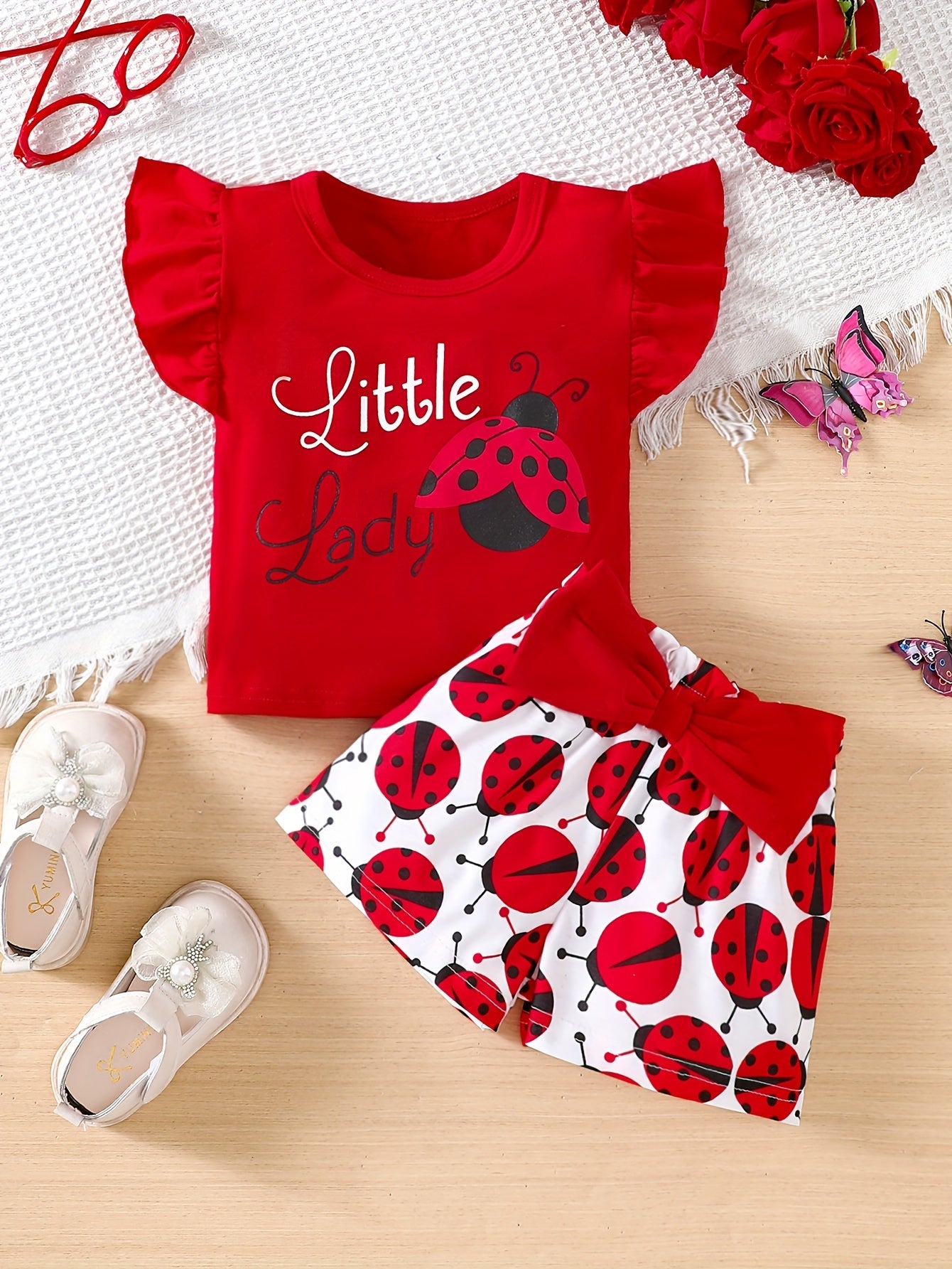 Baby Girl's Ruffle Trim Sleeve Cute Graphic T-shirt & Bowknot Ladybug Pattern Shorts Outdoor Set, Casual Summer Outfit