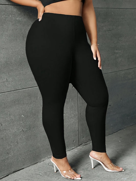 Plus Size, Plus Size High-Waisted Tight-Fit Leggings - High-Stretch Solid Color Non-See-Through Pants, Machine Washable All-Season Wear, Elegance Collection for Women, High Waisted Leggings, Comfortable Attire, Sleek Design, Smooth Texture