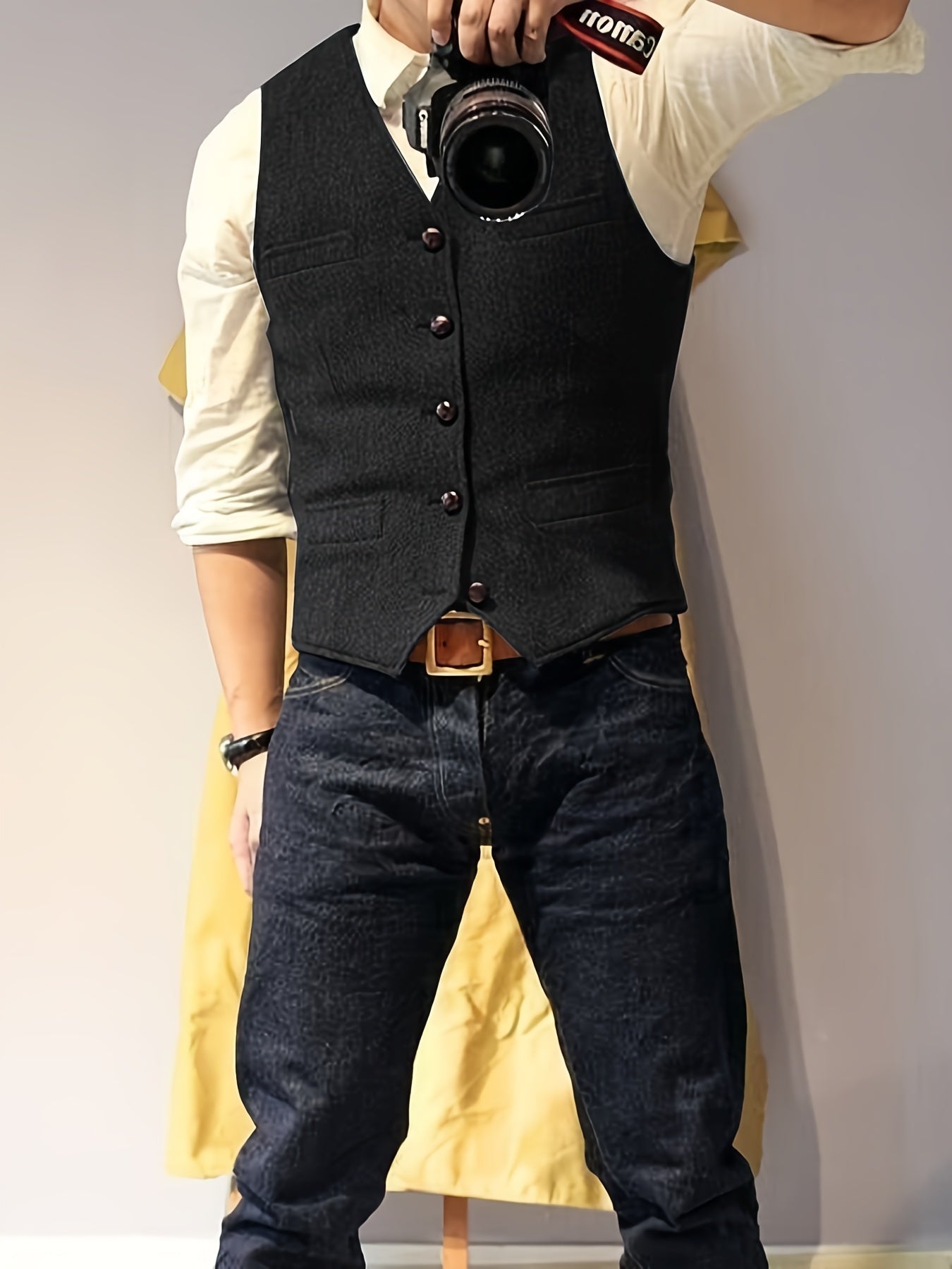 Men's Vintage Herringbone Tweed Vest - Western Cowboy Style, Gray Wool Blend with Button Front & Side Pockets for Weddings, Parties, Golf, Fishing, and Hunting