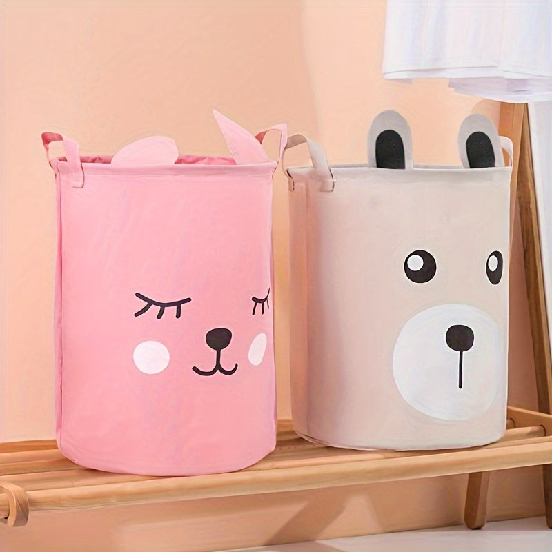1pc Cartoon Pattern Hamper With Handle, Linen Fabric With Ears Shape Storage Bucket For Clothes And Children's Toy Organization And Storage, Laundry Basket For Bathroom, Bedroom, Living Room, Laundry Room
