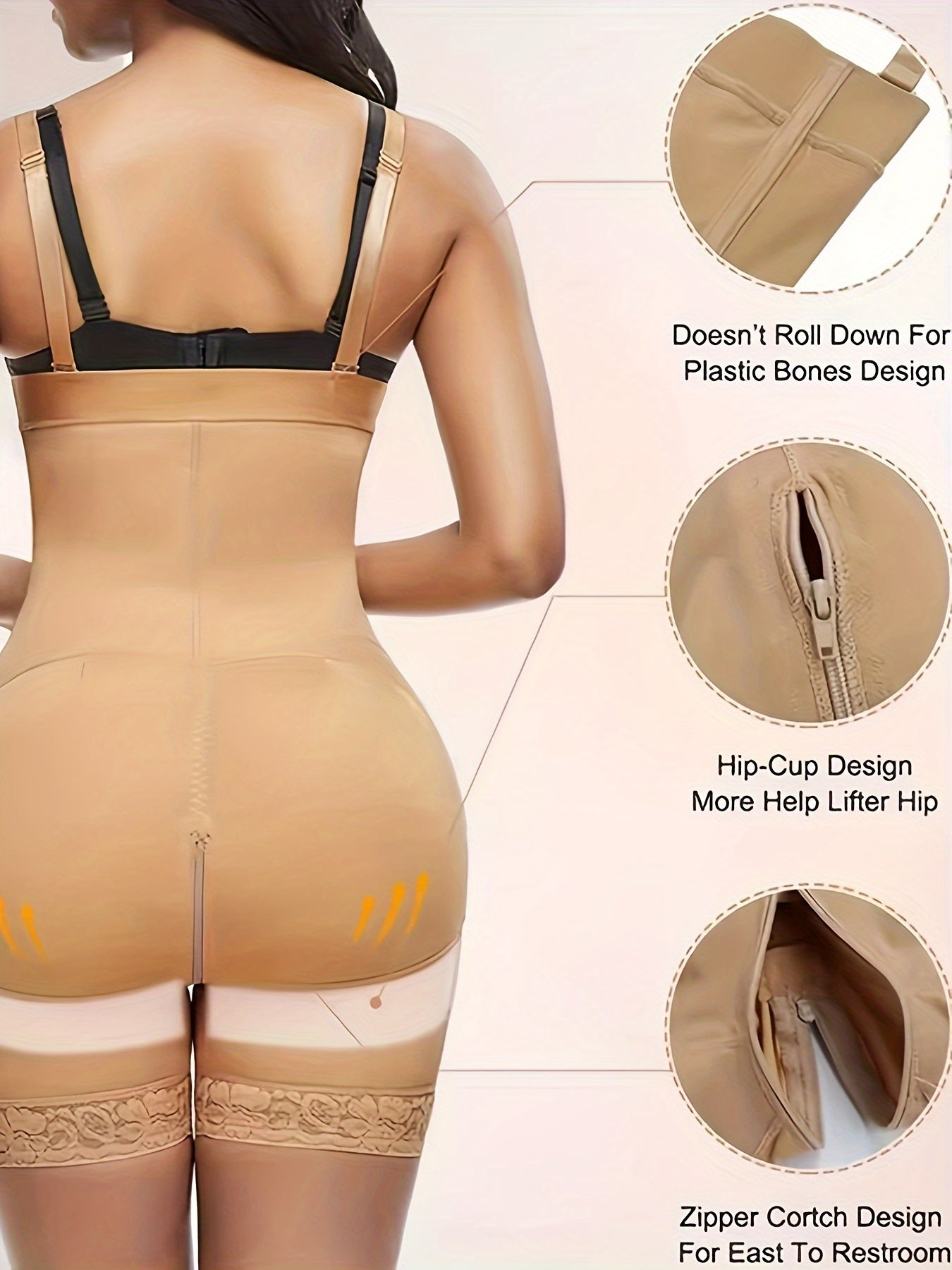 Women's High-Waisted Shaping Shorts with 3 Adjustable Hooks & Lace Trim - Beige Mid-Stretch Elastic Waistband, Tummy Control, Butt Lifting Design for Casual & Workout Wear