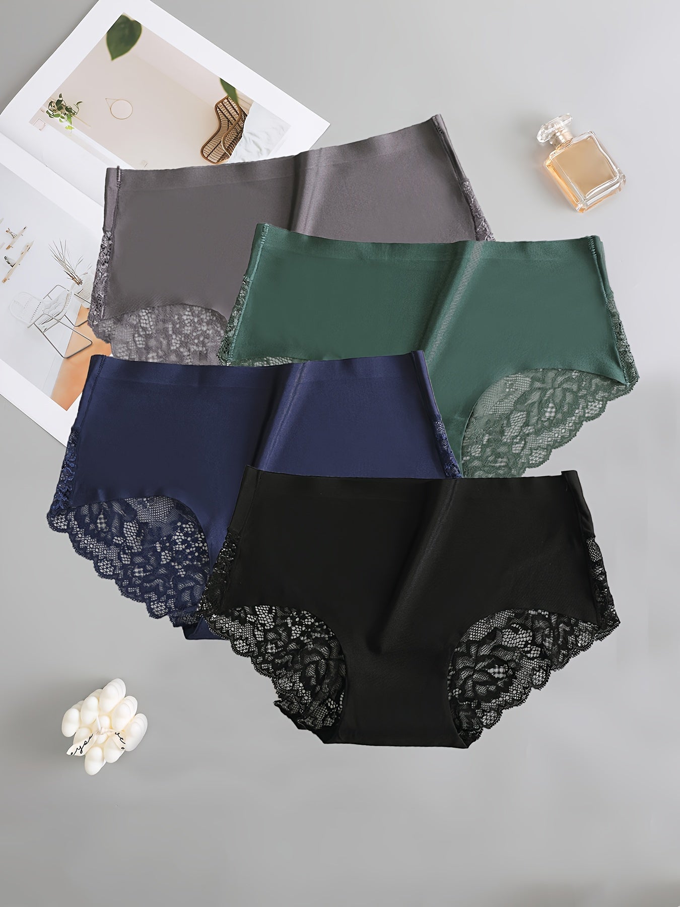 4pcs Women's Ice Sliky Fiber Fabric Underwear - Sexy Low-Rise Lace Trim Hipster Panties with Contrast Lace & Semi-Sheer Design, Soft Smooth Comfort Fit in Black/Navy/Gray/Olive Green - Everyday & Special Occasion Wear