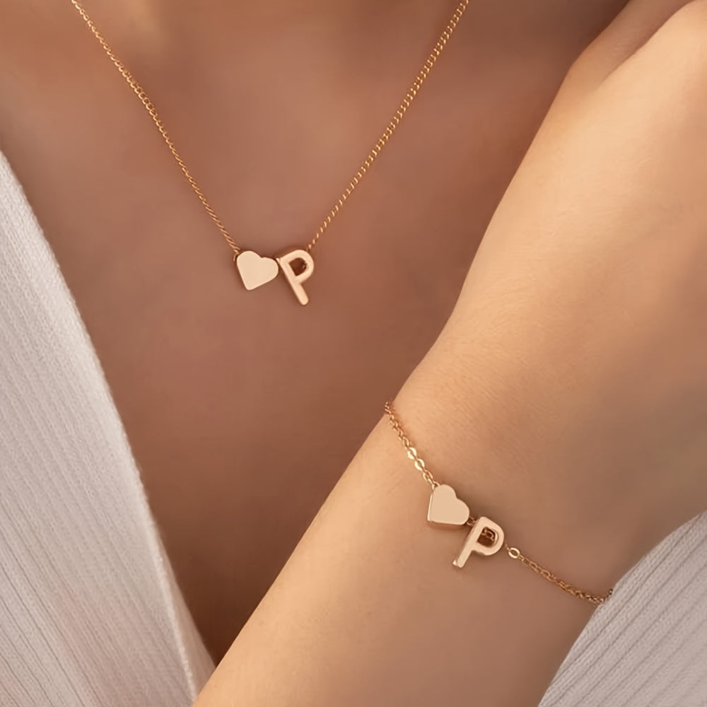 A Stylish And Minimalist Two-Piece Set Featuring a Metal Heart And English Letter Necklace And Bracelet, Perfect for Everyday Commuting Wear.