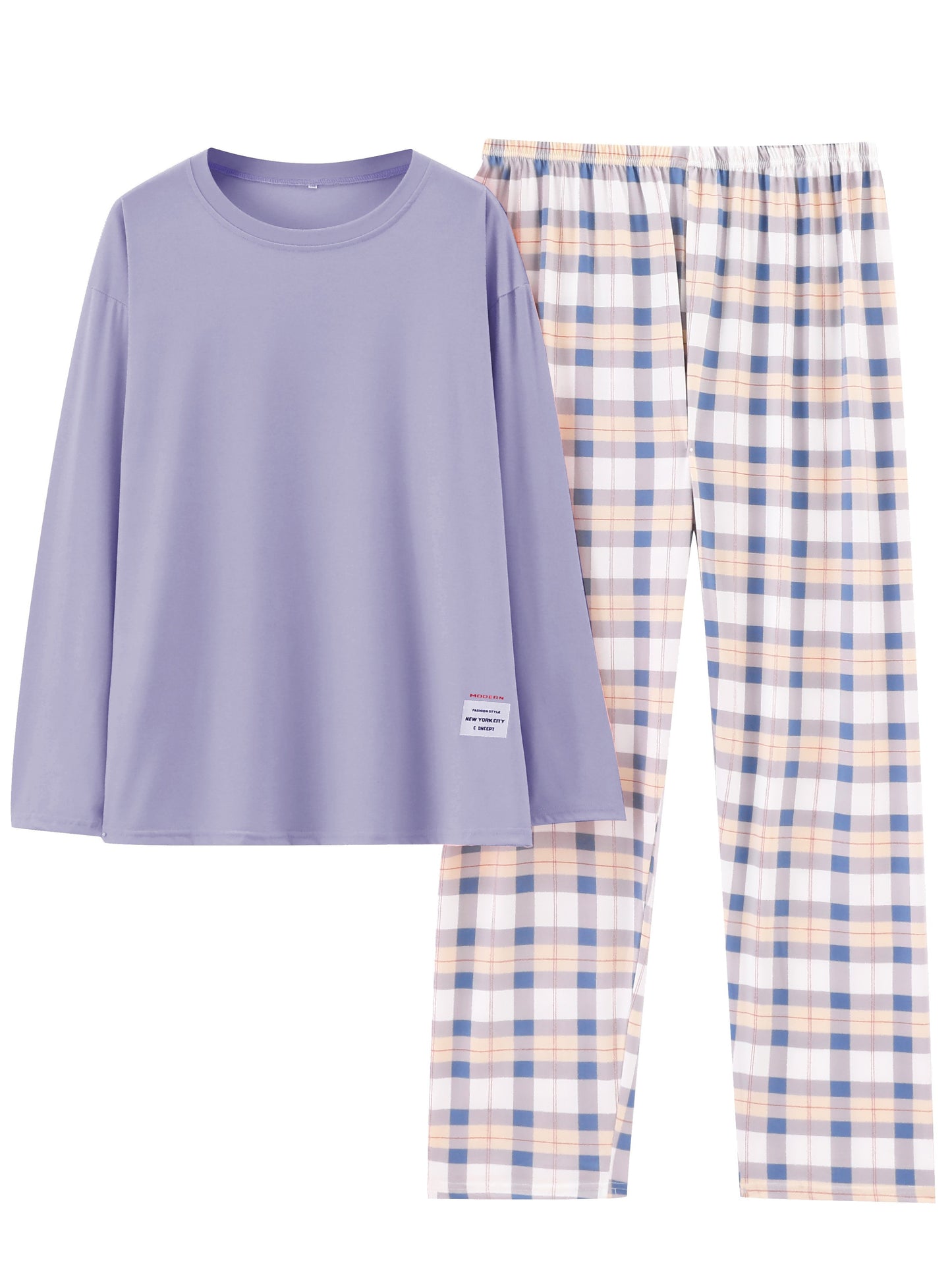 Plus Size Casual Pajamas Set, Women's Plus Soft Long Sleeve Tee & Plaid Pants Comfort Loungewear 2pcs Set, Women Plus Size Two Piece Set