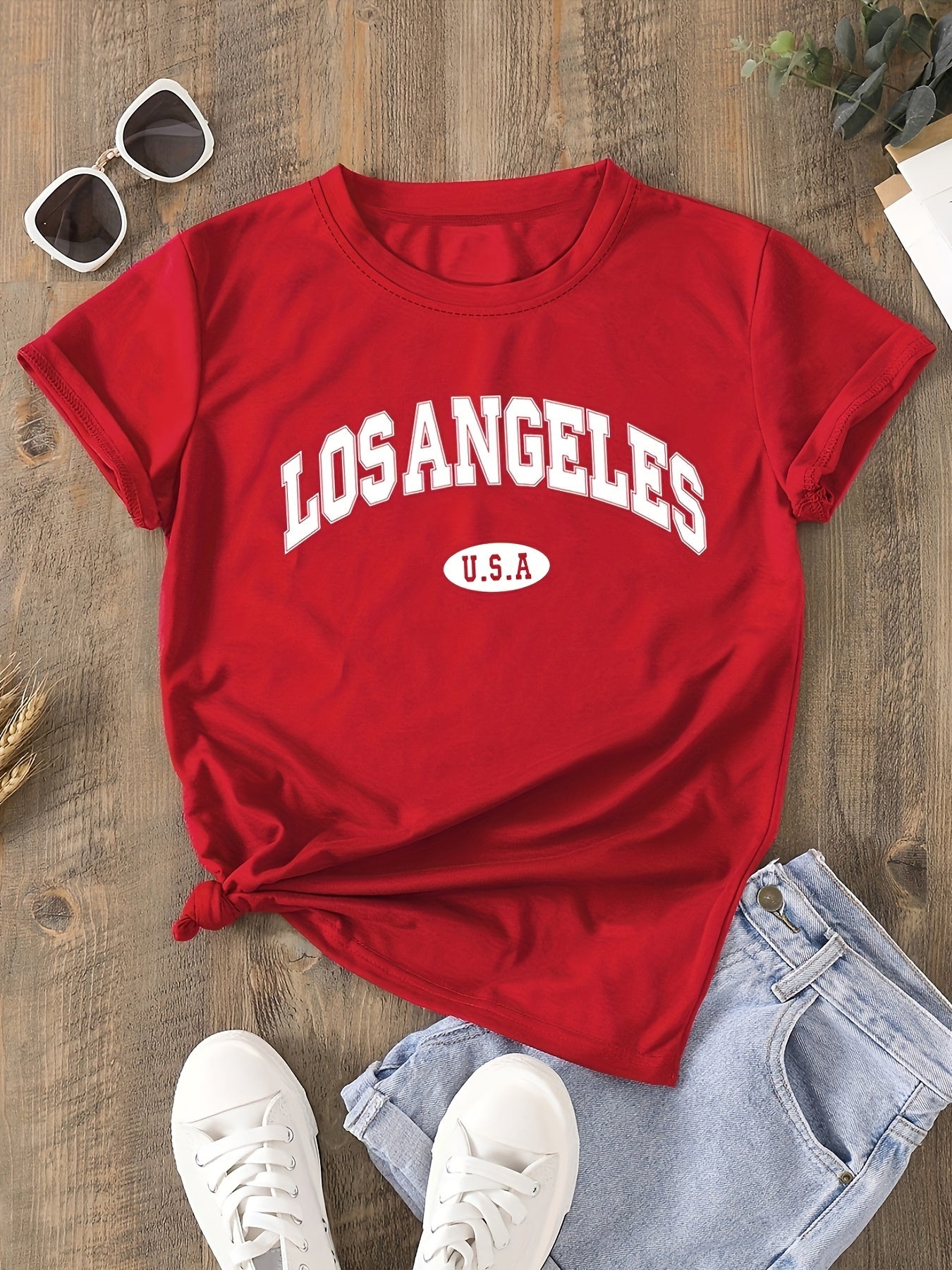 Women'S Casual Los Angeles Alphabet Print T-Shirt, Short Sleeve Crew Neck, Summer Knit Polyester Top with 5% Elastane, Regular Length - Black