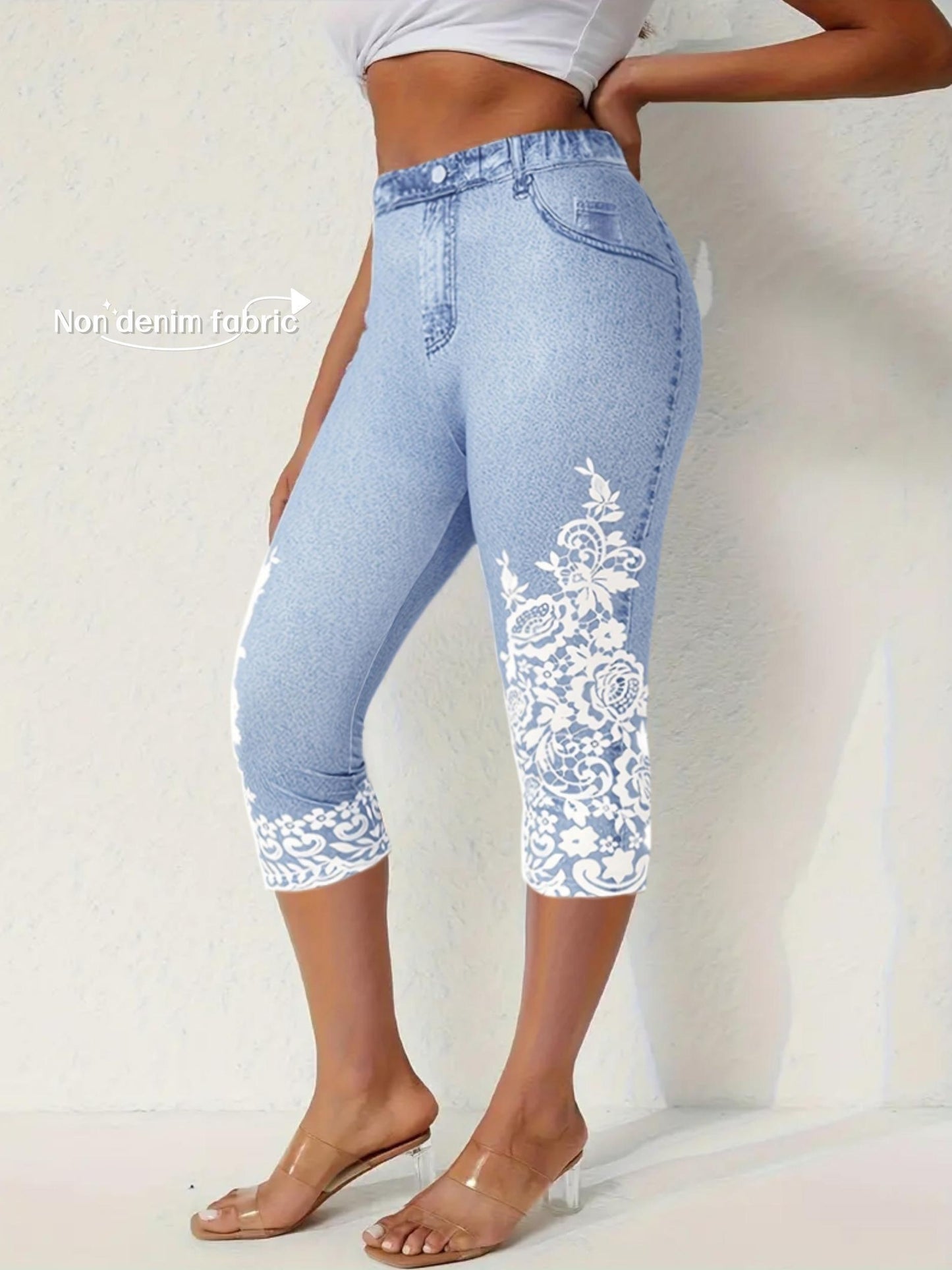 Women's Stretchy Imitation Denim Floral 3D Print Leggings - High-Waisted Summer Casual Pants with Elastic Waistband, Machine Washable, High Waisted Leggings, Comfortable Leggings, Floral Leggings, Detailed Print Leggings