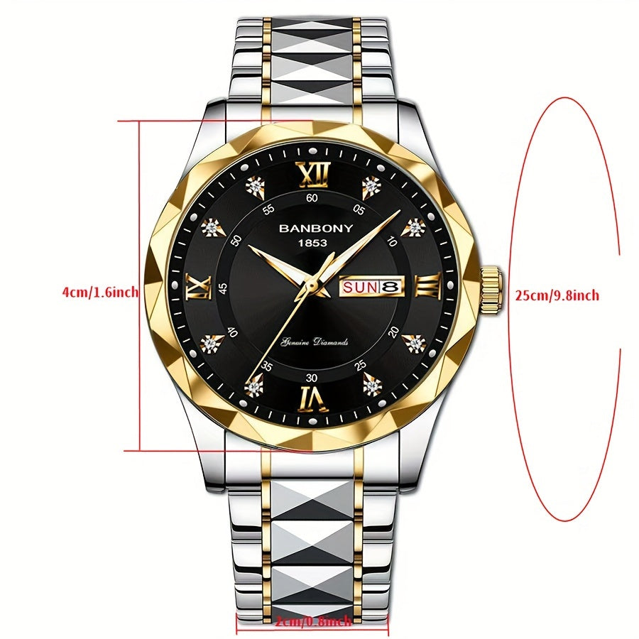 1 New Stainless Steel Men'S Quartz Watch with Roman Numerals, Rhinestone Dial, Date Calendar, Trendy Minimalist Luxury Brand, Luminous Sports Casual Business Multi-Functional Watch - Ideal Birthday Gift and Holiday Present, Elegant Watch For Men, Watch Fo