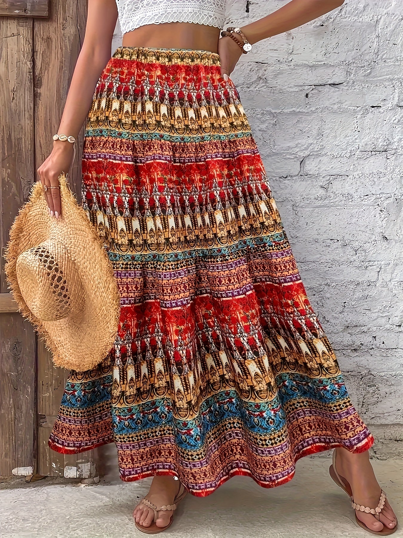 Women's Bohemian Tropical Print High-Waisted Maxi Skirt - Tiered Ruffled Hem Beach Skirt with Digital Geometric Patterns, Machine Washable Non-Stretch Fabric for Summer Casual & Beachwear, Beach Dresses, Summer Fashion, Nontransparent Fabric