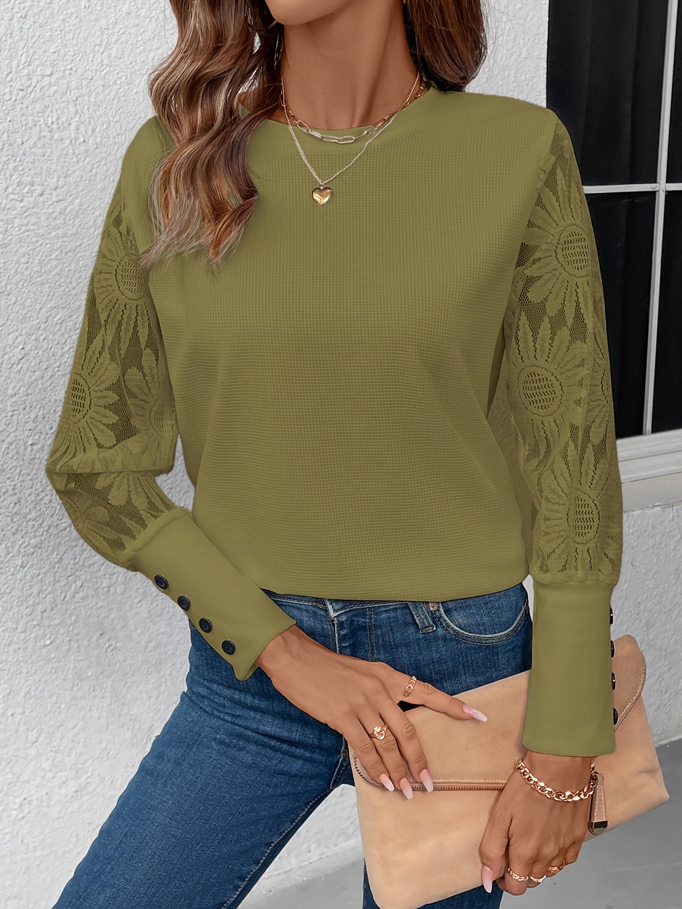 Floral Lace Splicing Elegant T-Shirt, Crew Neck Long Sleeve T-Shirt For Spring & Fall, Women's Clothing