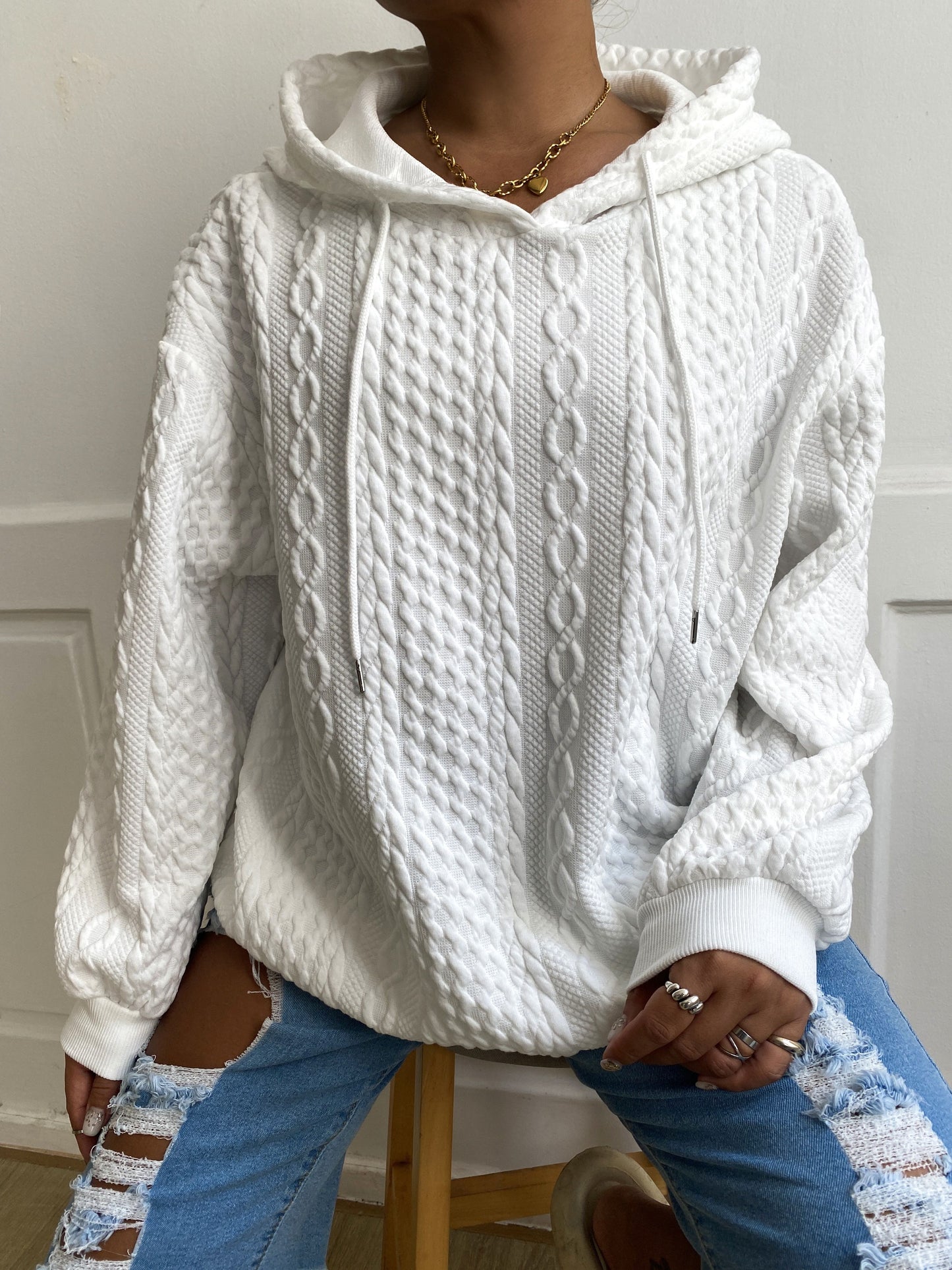 Women's Casual Lounge Top, Plus Size Solid Textured Long Sleeve Drawstring Home Wear Hoodie