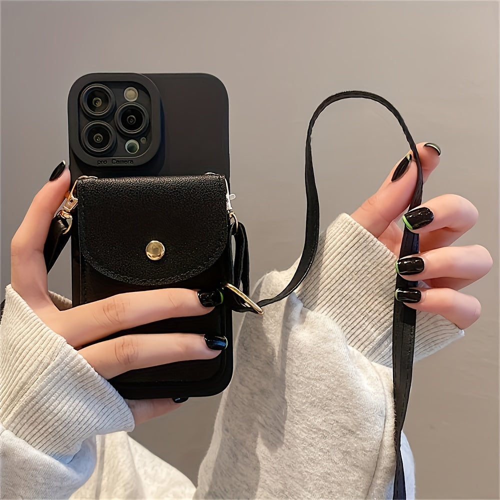 A Solid Color Wallet Made of Faux Leather, Featuring a Crossbody Neck Strap And Designed to Hold Phones Like The for iphone 16, 14 Pro Max, 13, 11, 12, X, XR, XS, 7, 8, 16 Plus, And SE3, Along with a Card Holder.