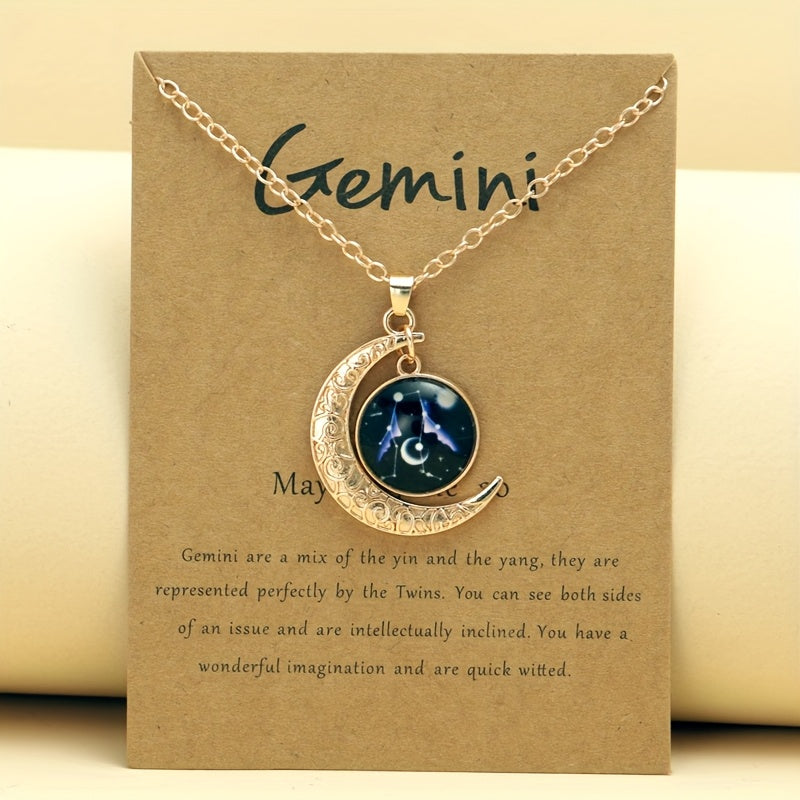 1pc Retro Glow-in-the-Dark Zodiac Moon Pendant Necklace - Vintage Style, Zinc Alloy with Glass Accents, Adjustable Chain for Women - Ideal for Daily Wear & Gifting, Zodiac Jewelry, Gift Jewelry, Vintage Jewelry, Durable Jewelry