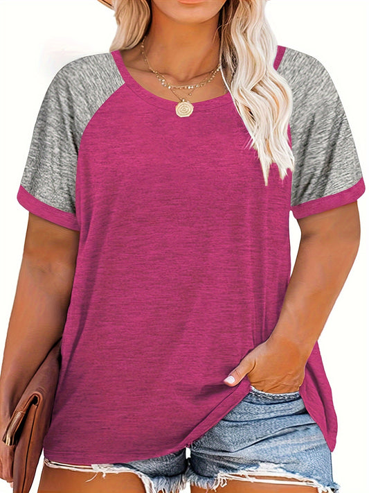 Plus Size Women's Summer Casual Raglan Color Block T-Shirt - Teal & Heather Grey Short Sleeve Loose Fit Tee, Breathable Round Neck Top for Casual Attire, Ladies T Shirts, Smooth Texture Shirt, Soft Fabric Tee