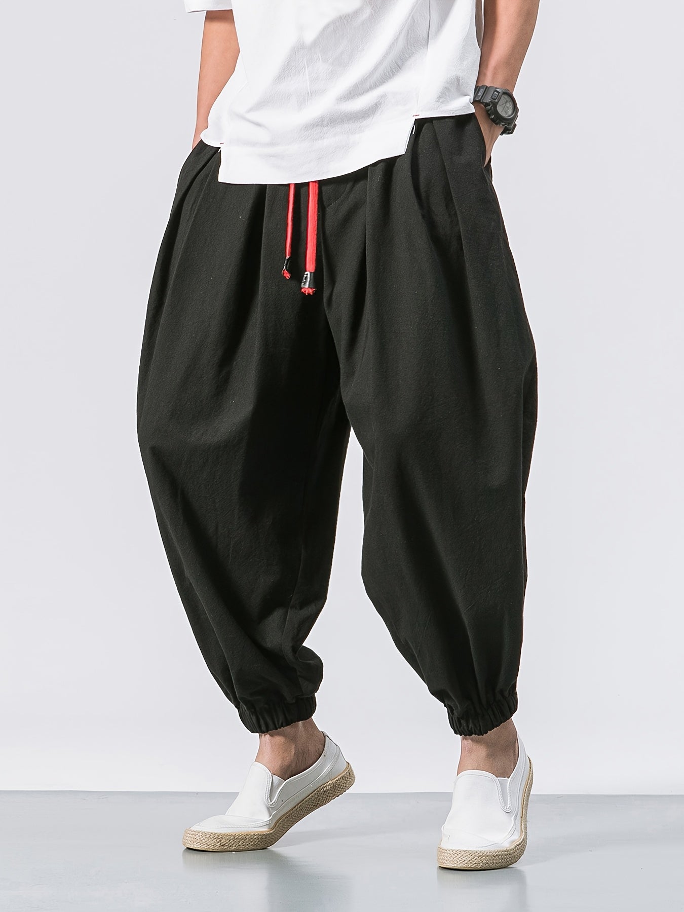 Men's Stylish Harem Pants - Heavyweight Cotton Wide Leg Trousers with Drawstring Waist, Loose Fit Casual Pants for Outdoor & Casual Attire, All-Season Brown/Beige/Black/Gray/White - Hip-Hop & Formal Events, Comfortable Breathable Mens Clothing, Solid Colo