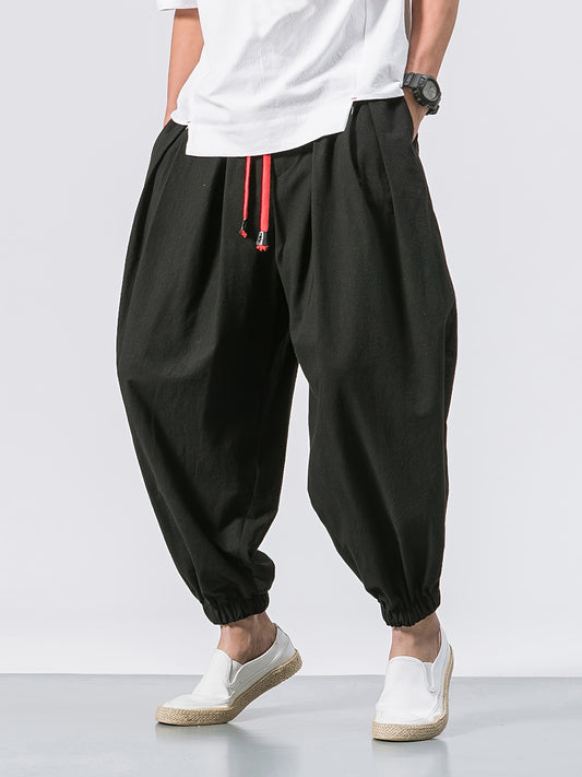 Men's Stylish Harem Pants - Heavyweight Cotton Wide Leg Trousers with Drawstring Waist, Loose Fit Casual Pants for Outdoor & Casual Attire, All-Season Brown/Beige/Black/Gray/White - Hip-Hop & Formal Events, Comfortable Breathable Mens Clothing, Solid Colo