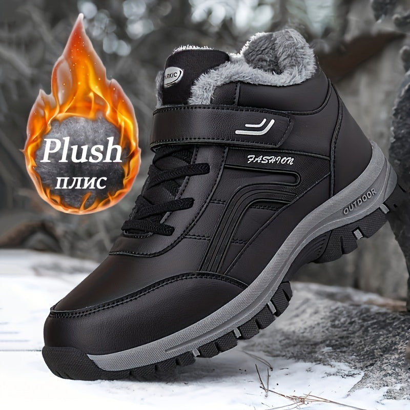 2023 Men's Plush-Lined Winter Snow Boots with Fur-Trimmed Collar - TPR Traction Outsole Ankle Boots for Outdoor Hiking & Casual Wear, Warm Synthetic Round-Toe Design (Black), Outdoor Footwear | Casual Ankle Boots | Laceup Boots