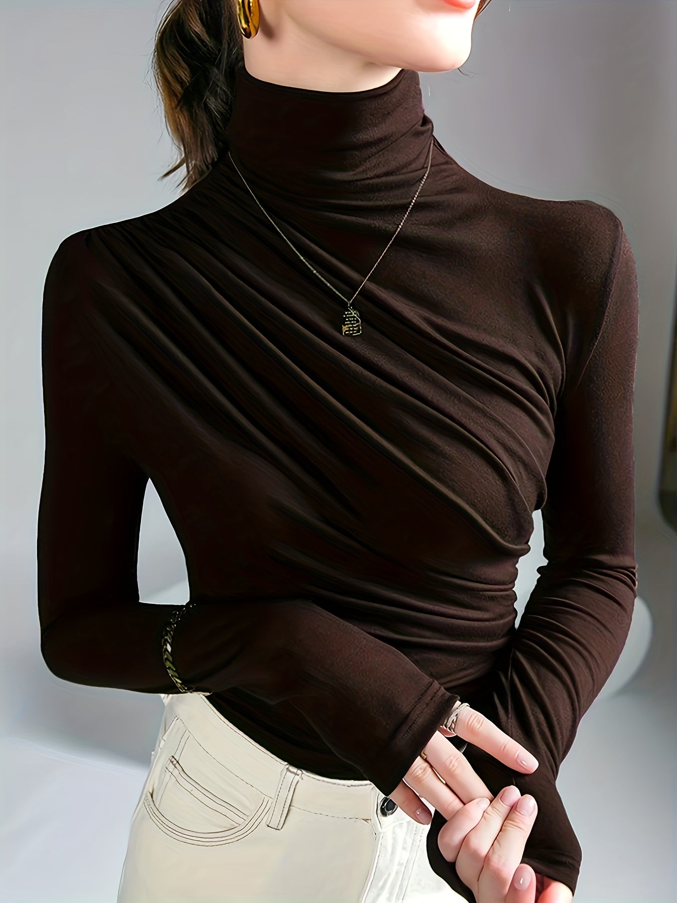 Women's Elegant High Neck Long Sleeve Top with Chest Wrinkle Detail - Solid Color Machine Washable Spring/Fall Layering Essential, Versatile Casual to Formal Shirt, Ladies Long Sleeve Tops, Spring Fashion, Sophisticated Style, Durable Material, Stylish Bl