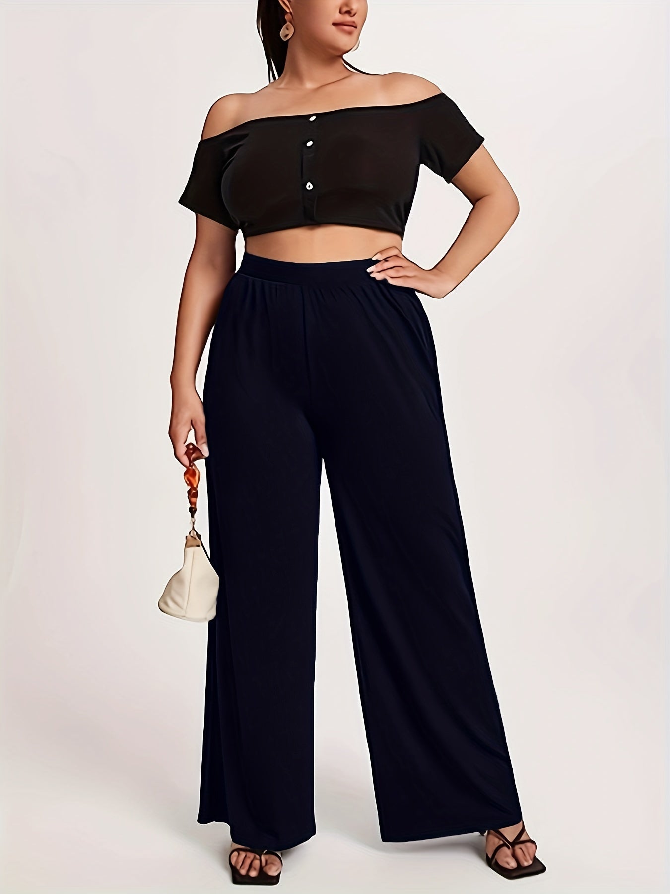 Women'S Plus Size Fashion Elegant Wide Leg Pants, Solid Color, High Stretch Knit Fabric, Straight Leg, 100% Polyester, 180g/m², for Spring/Summer