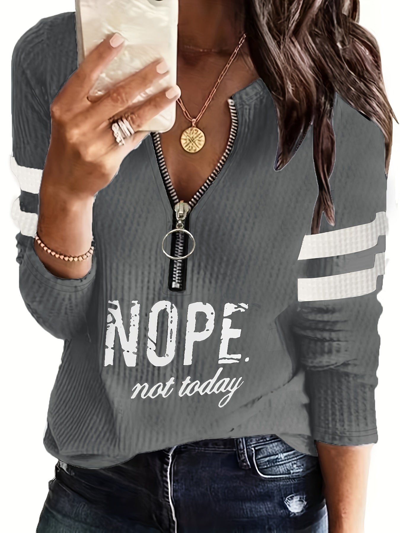 Stripe & Letter Print Zip Front T-Shirt, Casual Long Sleeve Top for Spring & Fall, Women's Clothing