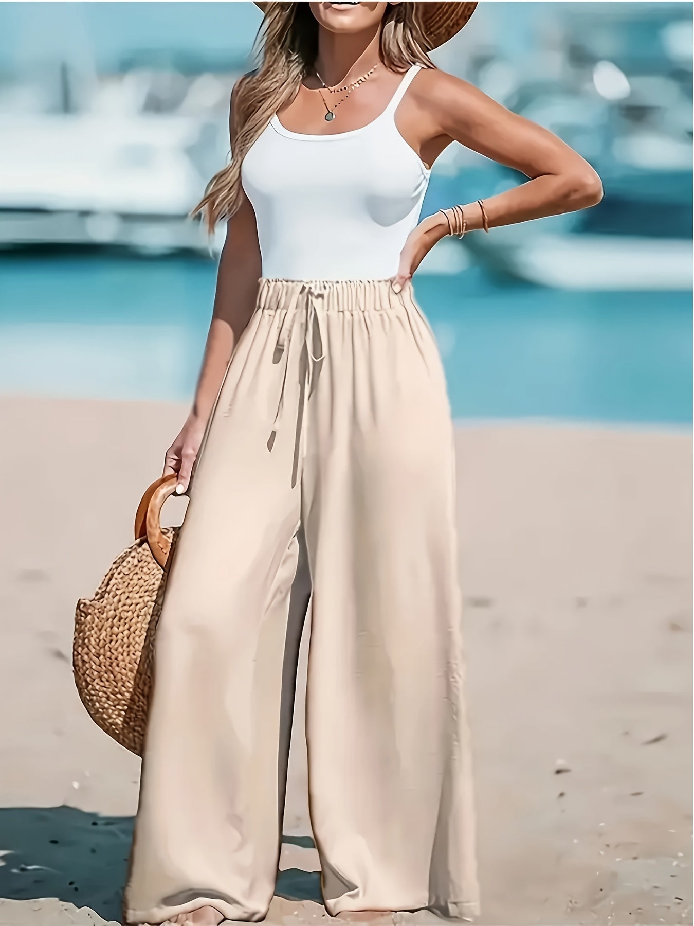 Women'S Plus Size Green Wide-Leg Pants - Non-Stretch, Straight Leg, Spring/Summer Fashion, Drawstring Waist, Casual Wear, Casual Wear Pants|Wide Leg Fashion|Drawstring Waistband, Plus Size Pants