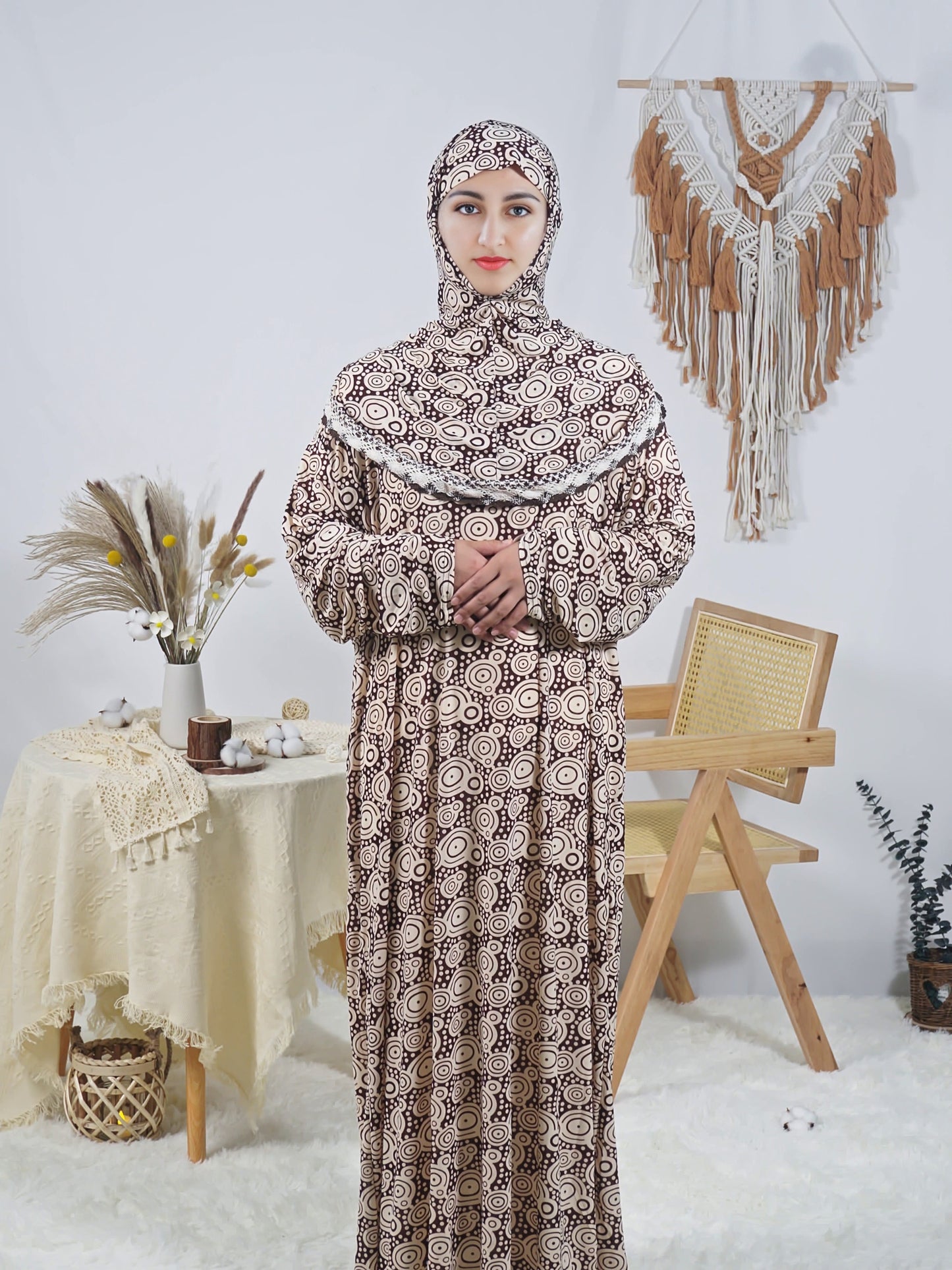 Floral Print Long Robe for Women, Comfortable Loose-Fit Prayer Dress, Ramadan Special, Polyester with Elastane, Machine Washable