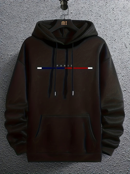 Paris Print Hoodie, Cool Hoodies For Men, Men's Casual Graphic Design Pullover Hooded Sweatshirt With Kangaroo Pocket Streetwear For Winter Fall, As Gifts