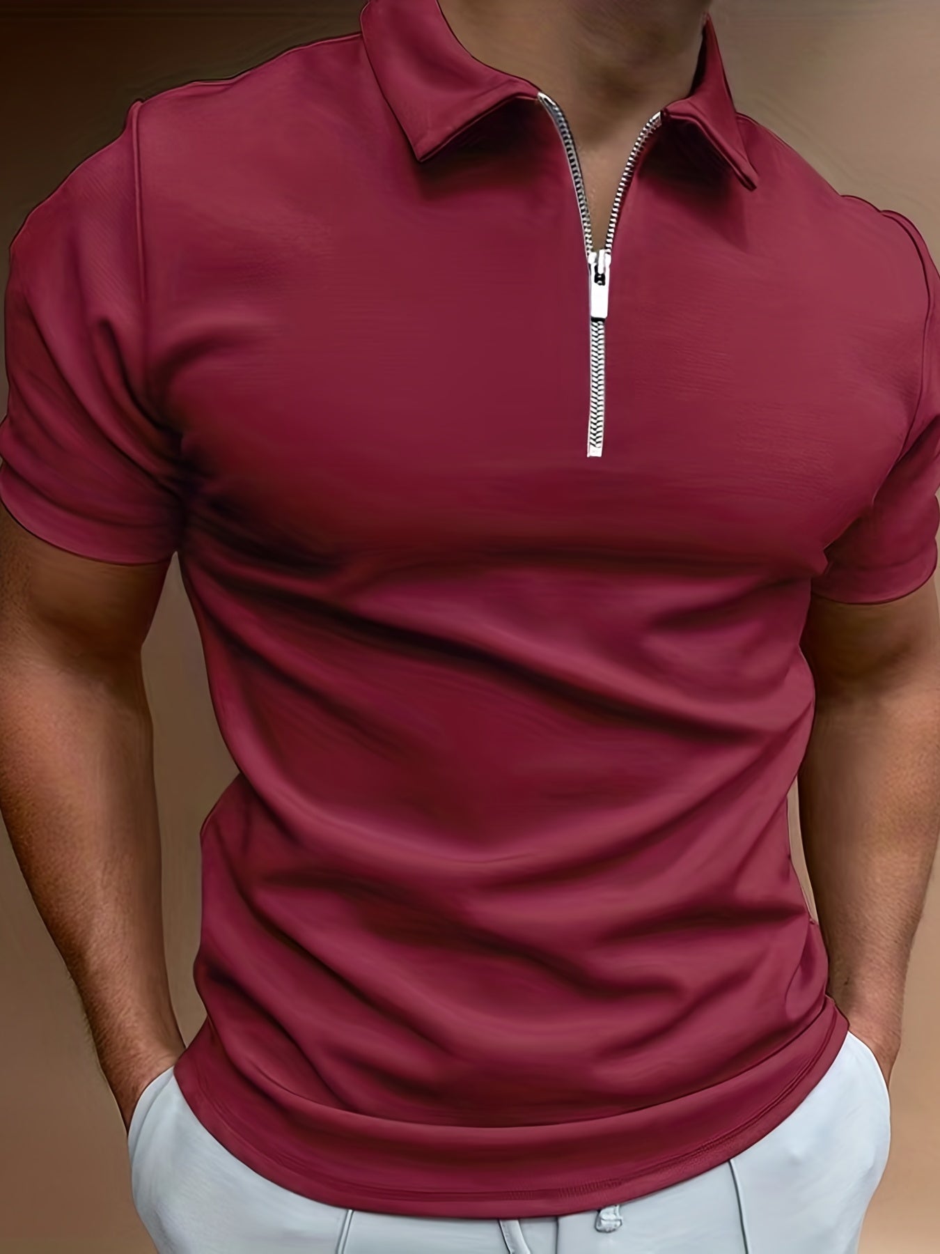 [Golf Apparel] Men's Classic White Shirt - Casual Summer Style with Short Sleeves, Zipper Collar, and Stretch Polyester Fabric - Perfect for Streetwear & Golf