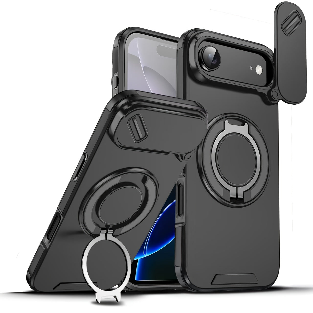 For iPhone 16/15/14/13/12/11/Pro/Max Pro/Plus Mobile Phone Case, with Sliding Camera Cover + [Full Camera Protection], with 360° Rotating Ring Bracket/Magnetic Car Bracket/Matte Texture Shockproof Mobile Phone Protective Case