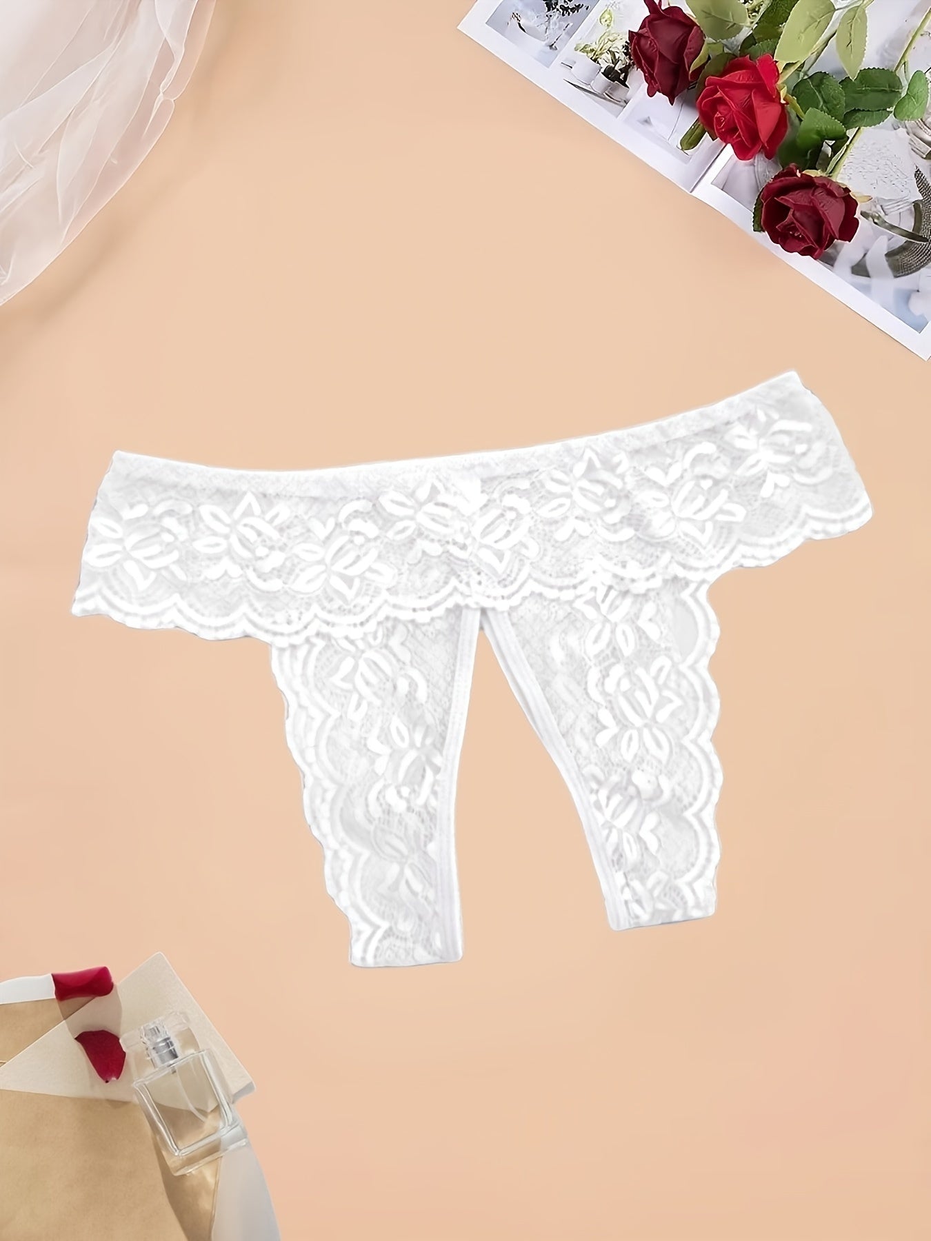 Women'S Sexy Red Lace Thong Panties - Open Crotch Design with Cut-Out Details, Breathable & Comfortable Intimate Underwear for Valentine'S Day or Special Occasions, Romantic Clothing, Elegant Style, Intricate Detailing