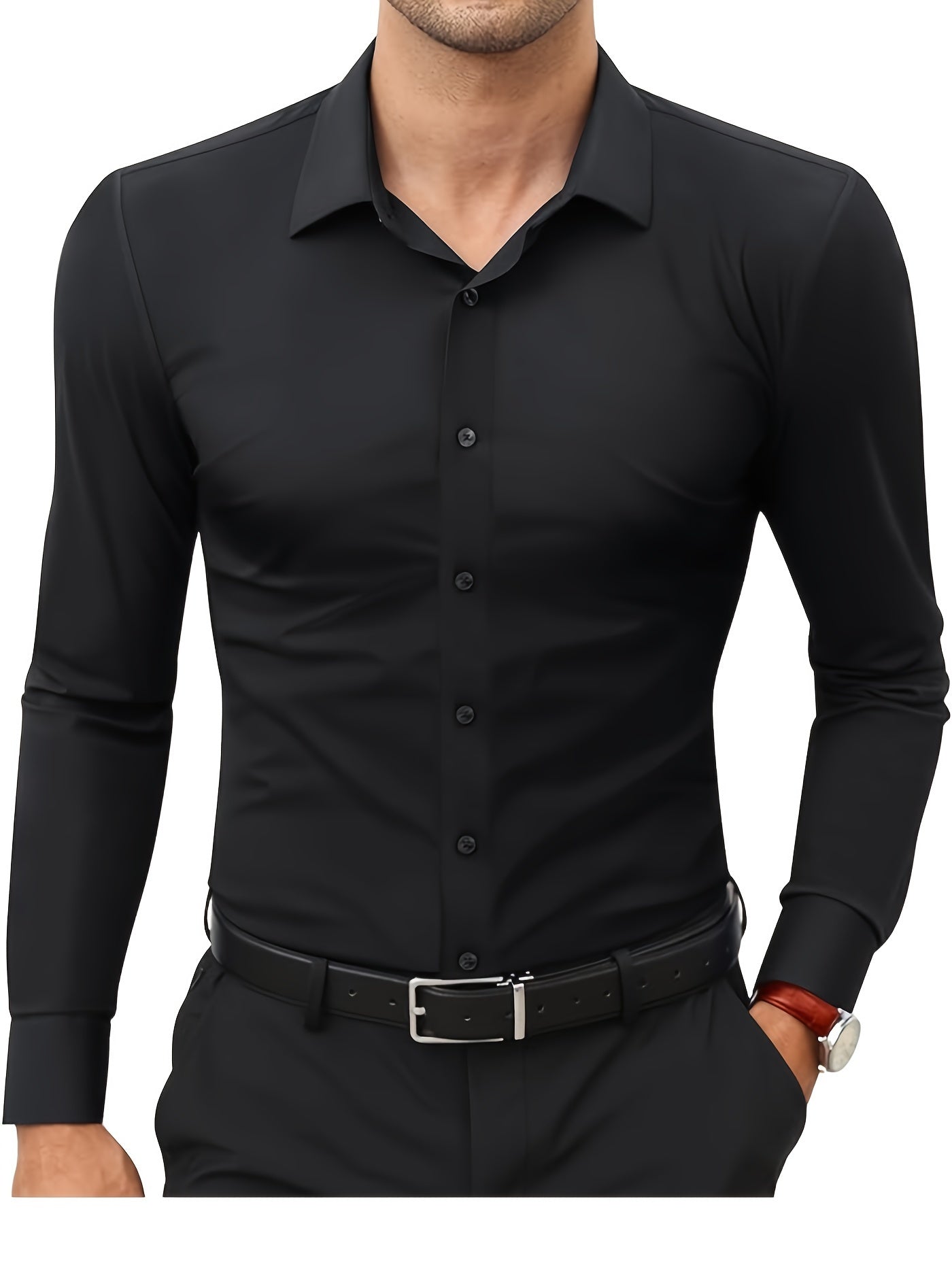 Men'S Slim Fit Stretch Long Sleeve Shirt - Solid Color Button-Up Casual Shirt with Classic Collar, All-Season Comfort & Breathable Fabric for Casual Attire, Versatile Clothing, Sleek Design, Smooth Texture, Stylish Blouse, Active Lifestyle, Formal Wear, M